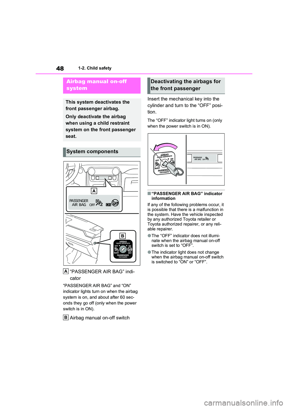 TOYOTA RAV4 PLUG-IN HYBRID 2022  Owners Manual 481-2. Child safety
1-2.Child sa fety
“PASSENGER AIR BAG” indi- 
cator
“PASSENGER AIR BAG” and “ON”  
indicator lights turn on when the airbag 
system is on, and about after 60 sec-
onds t