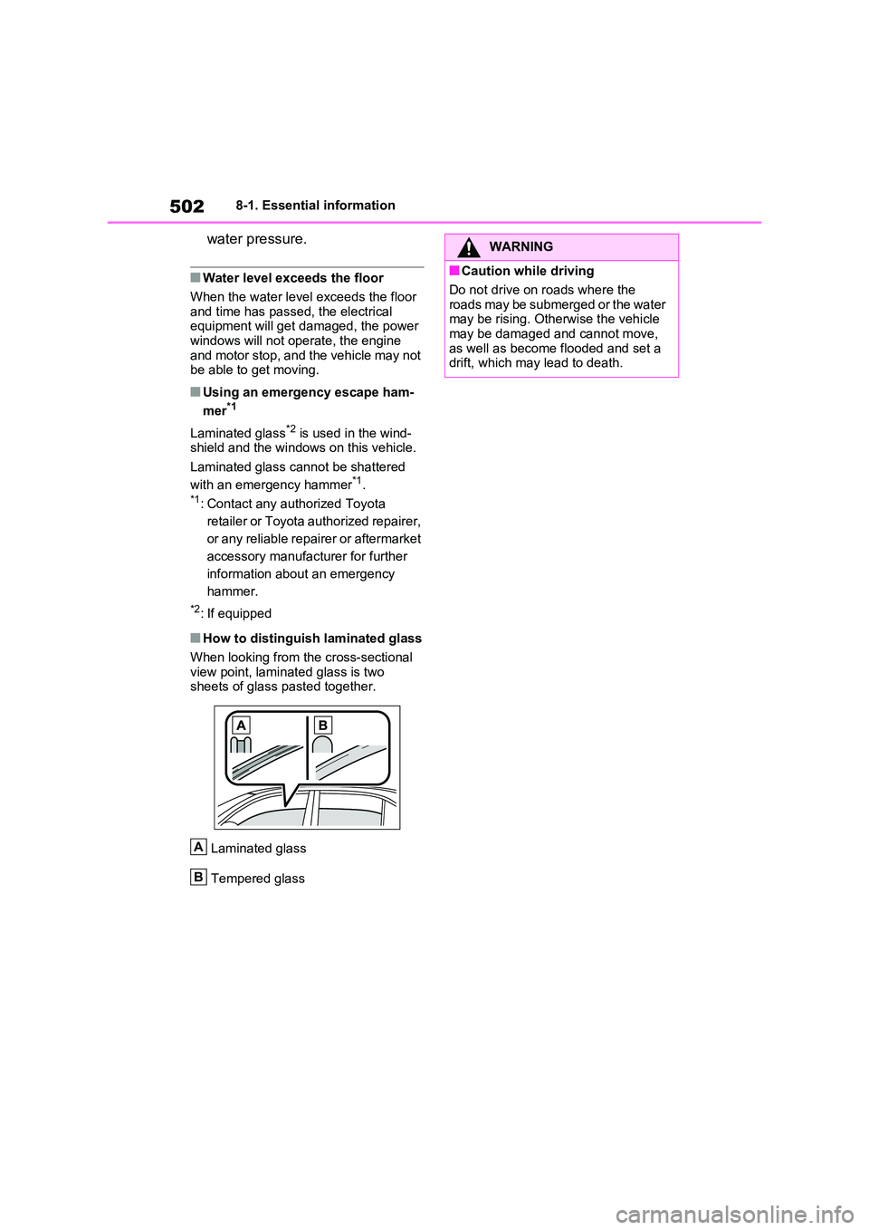 TOYOTA RAV4 PLUG-IN HYBRID 2022  Owners Manual 5028-1. Essential information
water pressure.
�QWater level exceeds the floor  
When the water level exceeds the floor  and time has passed, the electrical equipment will get damaged, the power  
wind