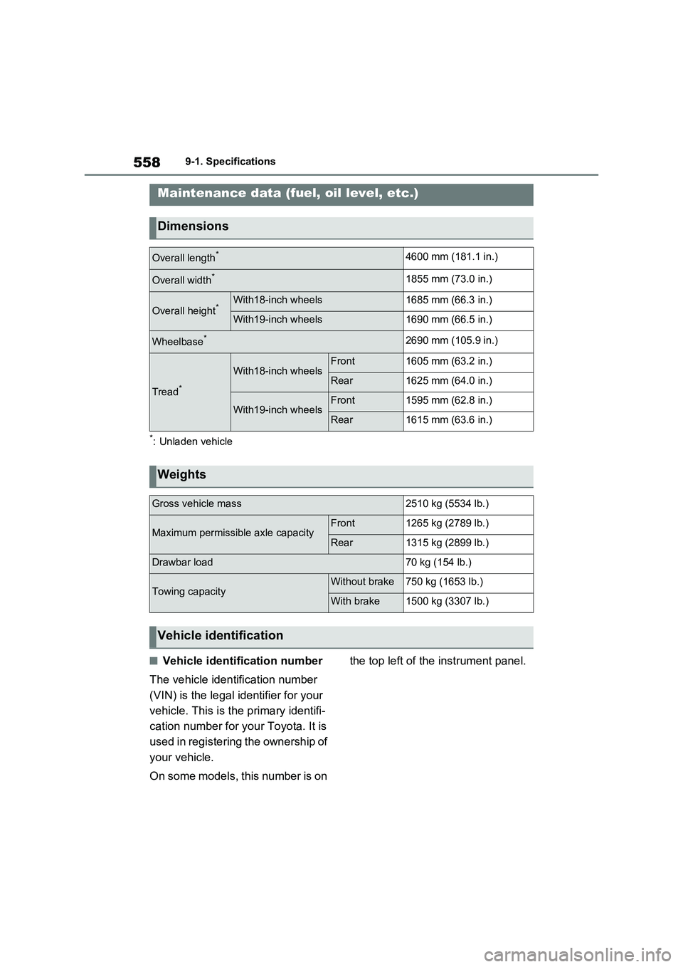TOYOTA RAV4 PLUG-IN HYBRID 2022  Owners Manual 5589-1. Specifications
9-1.Spec ific ations
*: Unladen vehicle
�QVehicle identification number
The vehicle identification number 
(VIN) is the legal identifier for your 
vehicle. This is the primary i