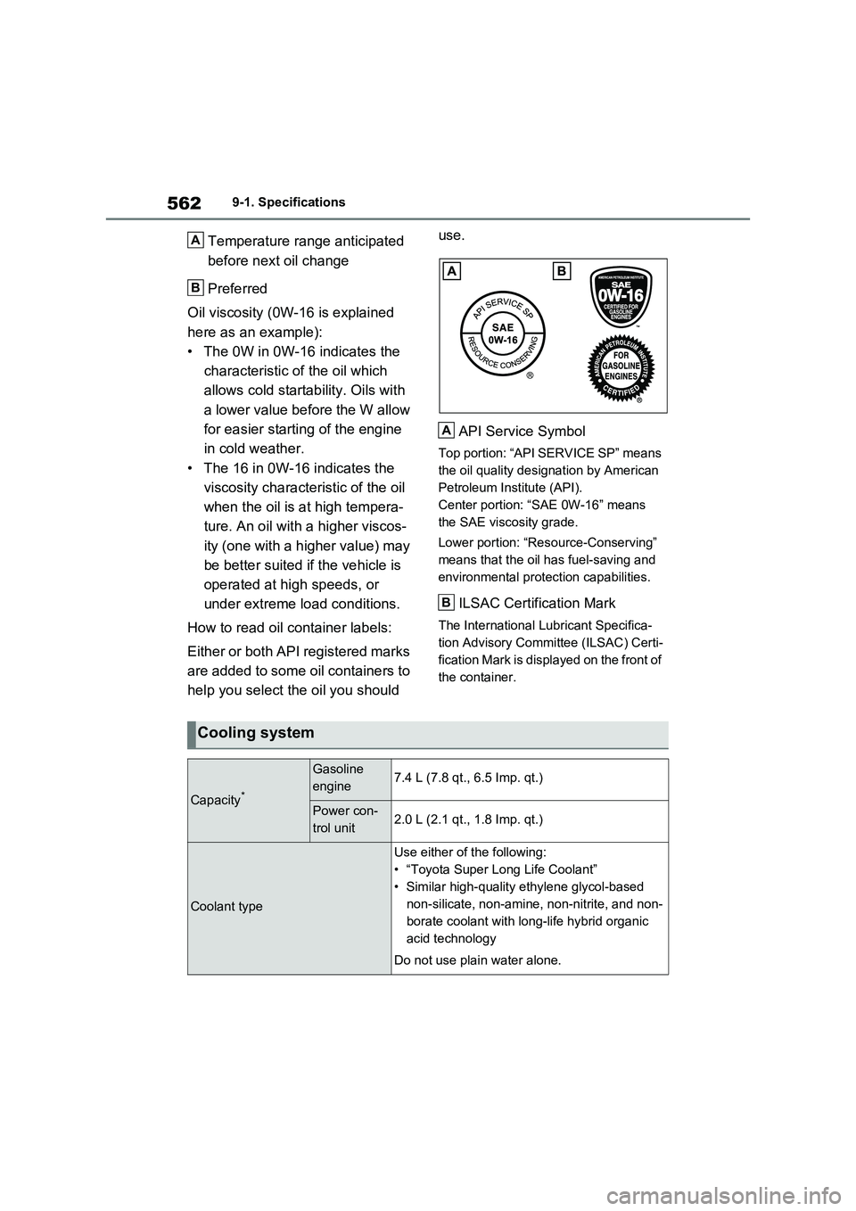 TOYOTA RAV4 PLUG-IN HYBRID 2022  Owners Manual 5629-1. Specifications
Temperature range anticipated 
before next oil change
Preferred
Oil viscosity (0W-16 is explained 
here as an example):
• The 0W in 0W-16 indicates the 
characteristic of the 