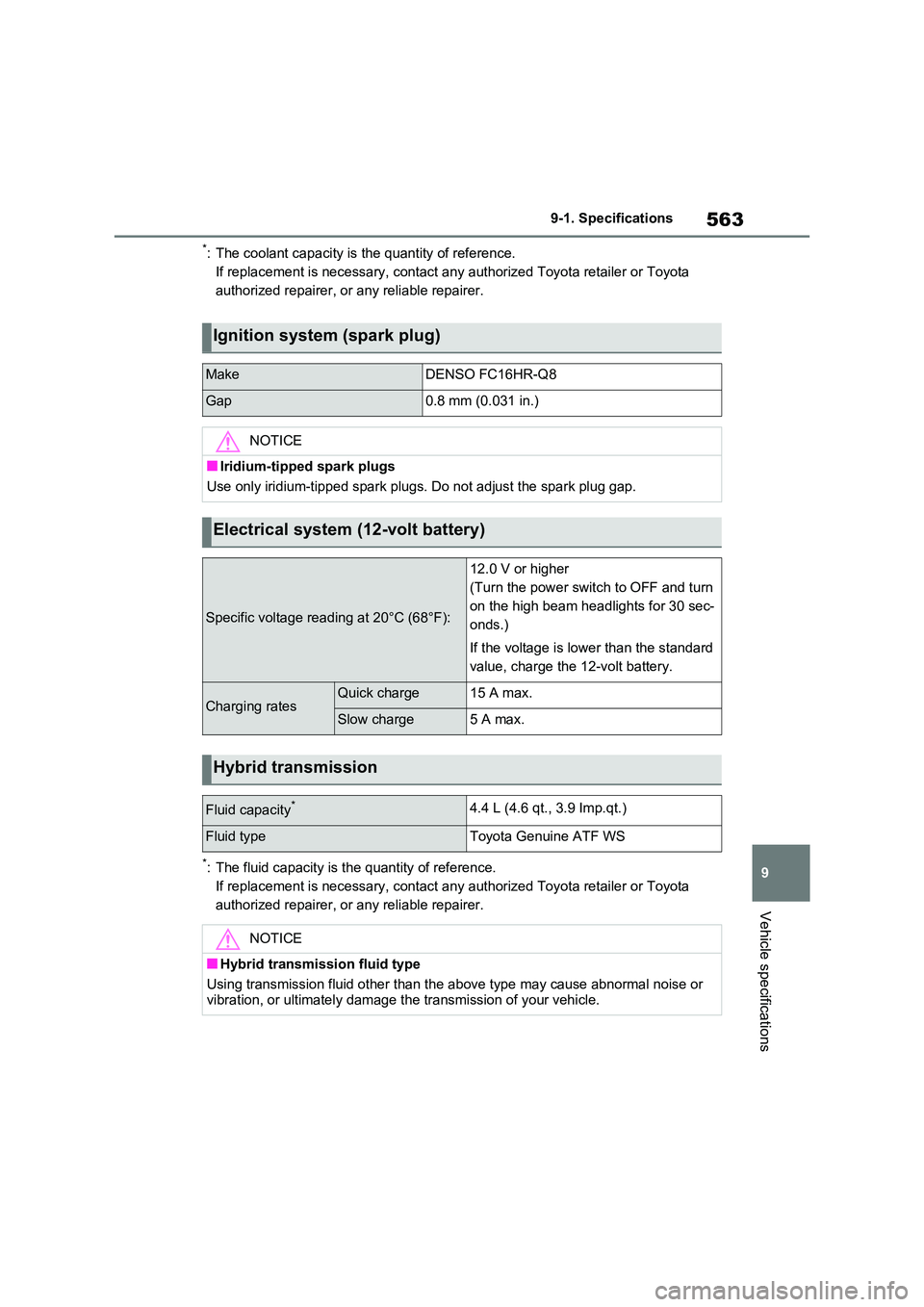 TOYOTA RAV4 PLUG-IN HYBRID 2022 Owners Manual 563
9
9-1. Specifications
Vehicle specifications
*: The coolant capacity is the quantity of reference.
If replacement is necessary, contact any authorized Toyota retailer or Toyota
authorized repai TOYOTA RAV4 PLUG-IN HYBRID 2022 Owners Manual 563
9
9-1. Specifications
Vehicle specifications
*: The coolant capacity is the quantity of reference.
If replacement is necessary, contact any authorized Toyota retailer or Toyota
authorized repai