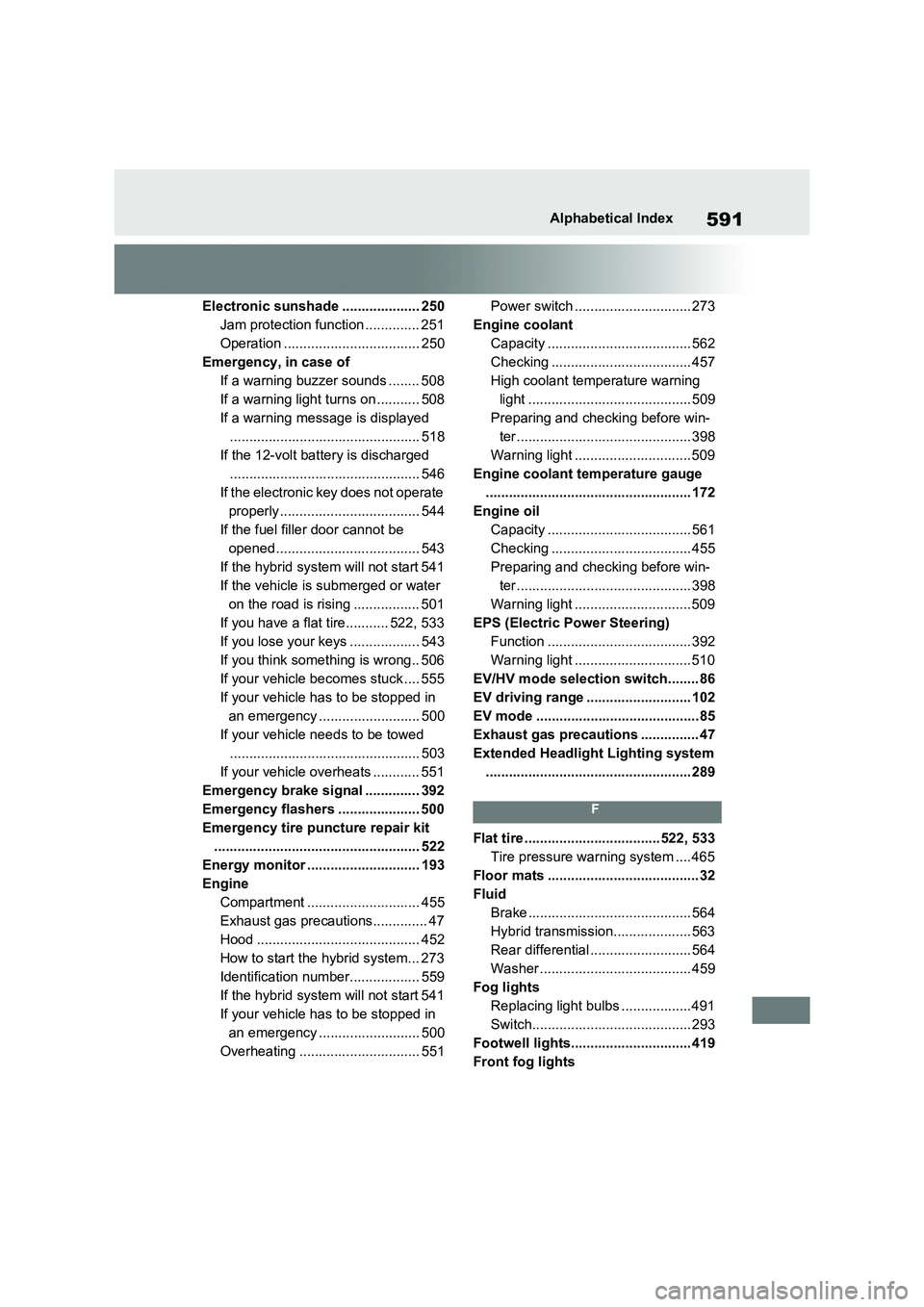 TOYOTA RAV4 PLUG-IN HYBRID 2022 User Guide 591Alphabetical Index
Electronic sunshade .................... 250
Jam protection function .............. 251
Operation ................................... 250
Emergency, in case of
If a warning buzze