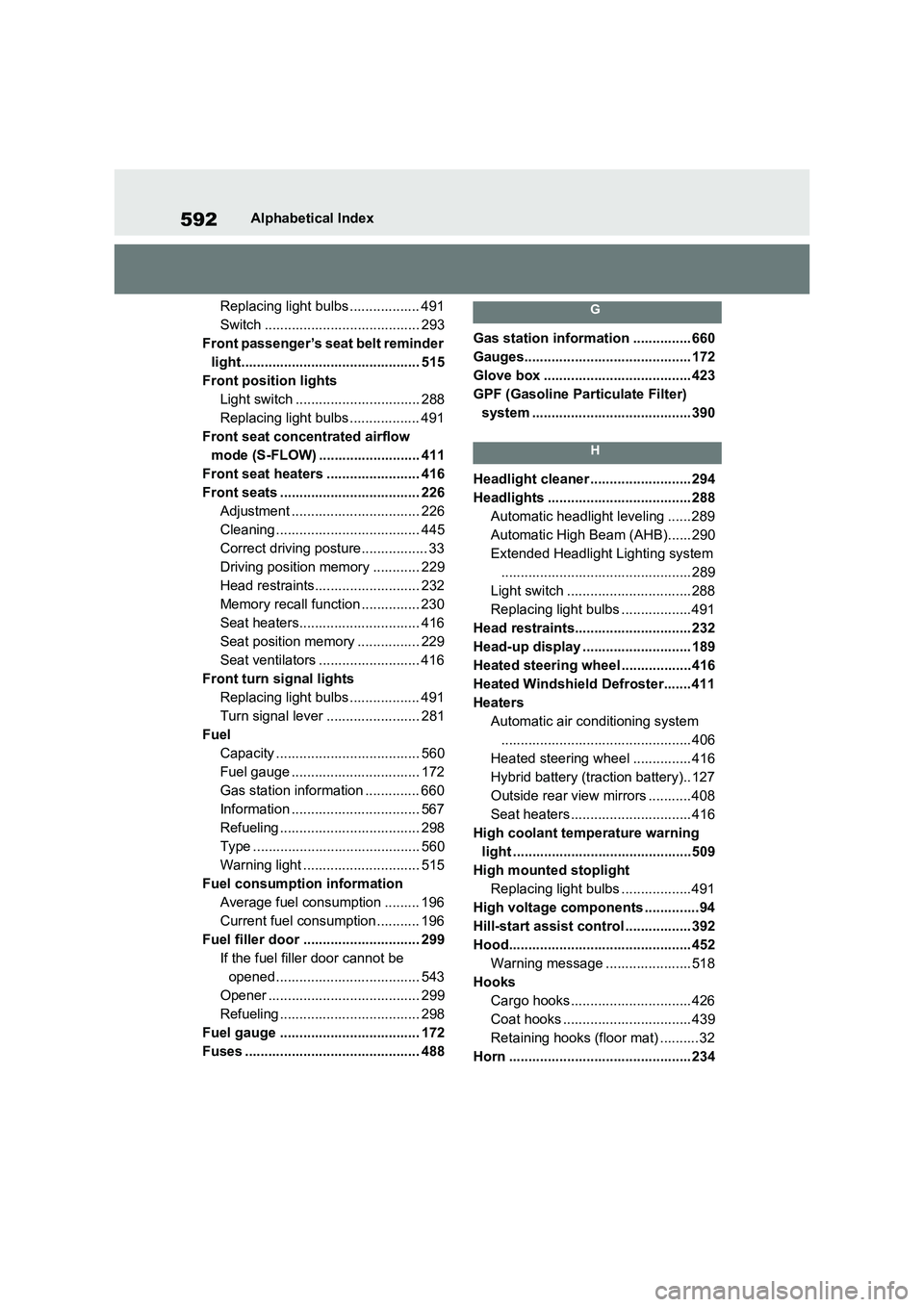 TOYOTA RAV4 PLUG-IN HYBRID 2022  Owners Manual 592Alphabetical Index
Replacing light bulbs .................. 491
Switch ........................................ 293
Front passenger’s seat belt reminder 
light....................................