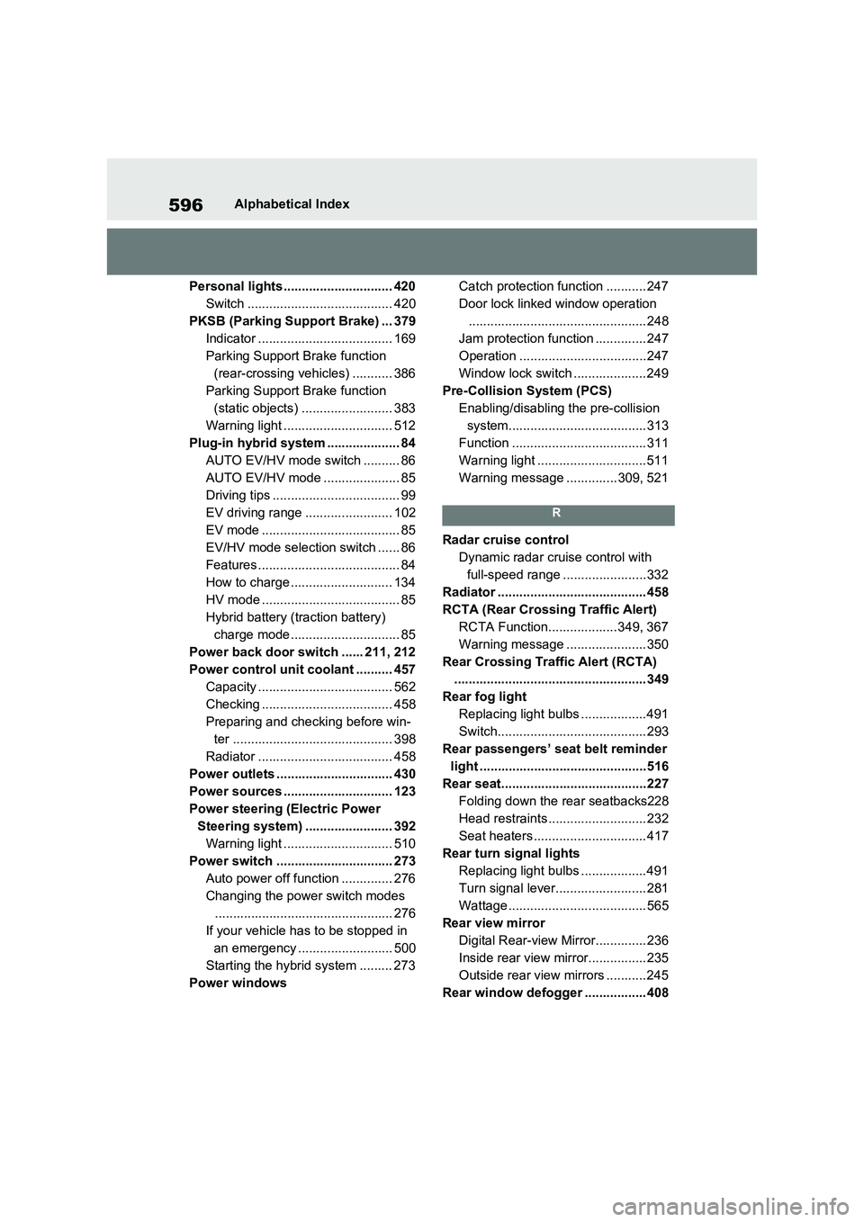 TOYOTA RAV4 PLUG-IN HYBRID 2022 Owners Manual 596Alphabetical Index
Personal lights .............................. 420
Switch ........................................ 420
PKSB (Parking Support Brake) ... 379
Indicator ............................ TOYOTA RAV4 PLUG-IN HYBRID 2022 Owners Manual 596Alphabetical Index
Personal lights .............................. 420
Switch ........................................ 420
PKSB (Parking Support Brake) ... 379
Indicator ............................