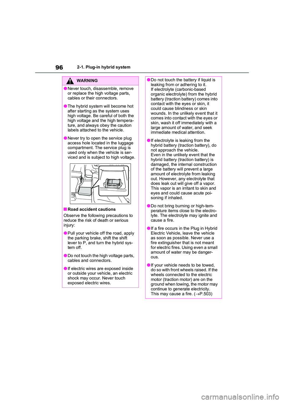 TOYOTA RAV4 PLUG-IN HYBRID 2022  Owners Manual 962-1. Plug-in hybrid system
WARNING
�ONever touch, disassemble, remove  or replace the high voltage parts,  
cables or their connectors.
�OThe hybrid system will become hot 
after starting as the sys