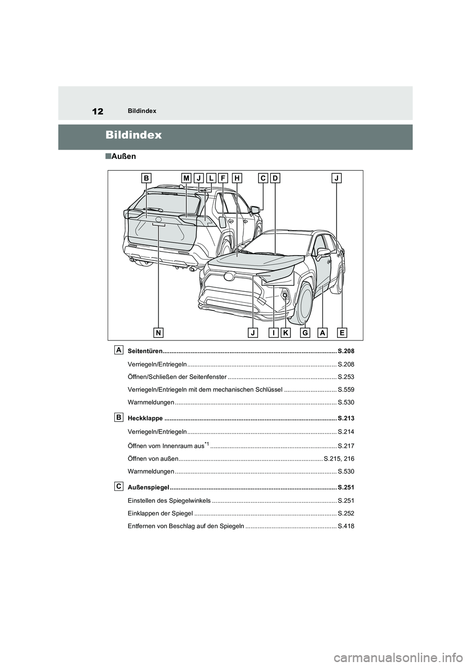 TOYOTA RAV4 PLUG-IN HYBRID 2022  Betriebsanleitungen (in German) 12Bildindex
Bildindex
�QAußen
Seitentüren................................................................................................... S.208 
Verriegeln/Entriegeln ............................