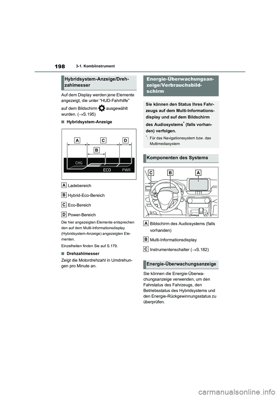 TOYOTA RAV4 PLUG-IN HYBRID 2022  Betriebsanleitungen (in German) 1983-1. Kombiinstrument
Auf dem Display werden jene Elemente 
angezeigt, die unter “HUD-Fahrhilfe” 
auf dem Bildschirm   ausgewählt 
wurden. (S.195)
�QHybridsystem-Anzeige
Ladebereich
Hybrid-E