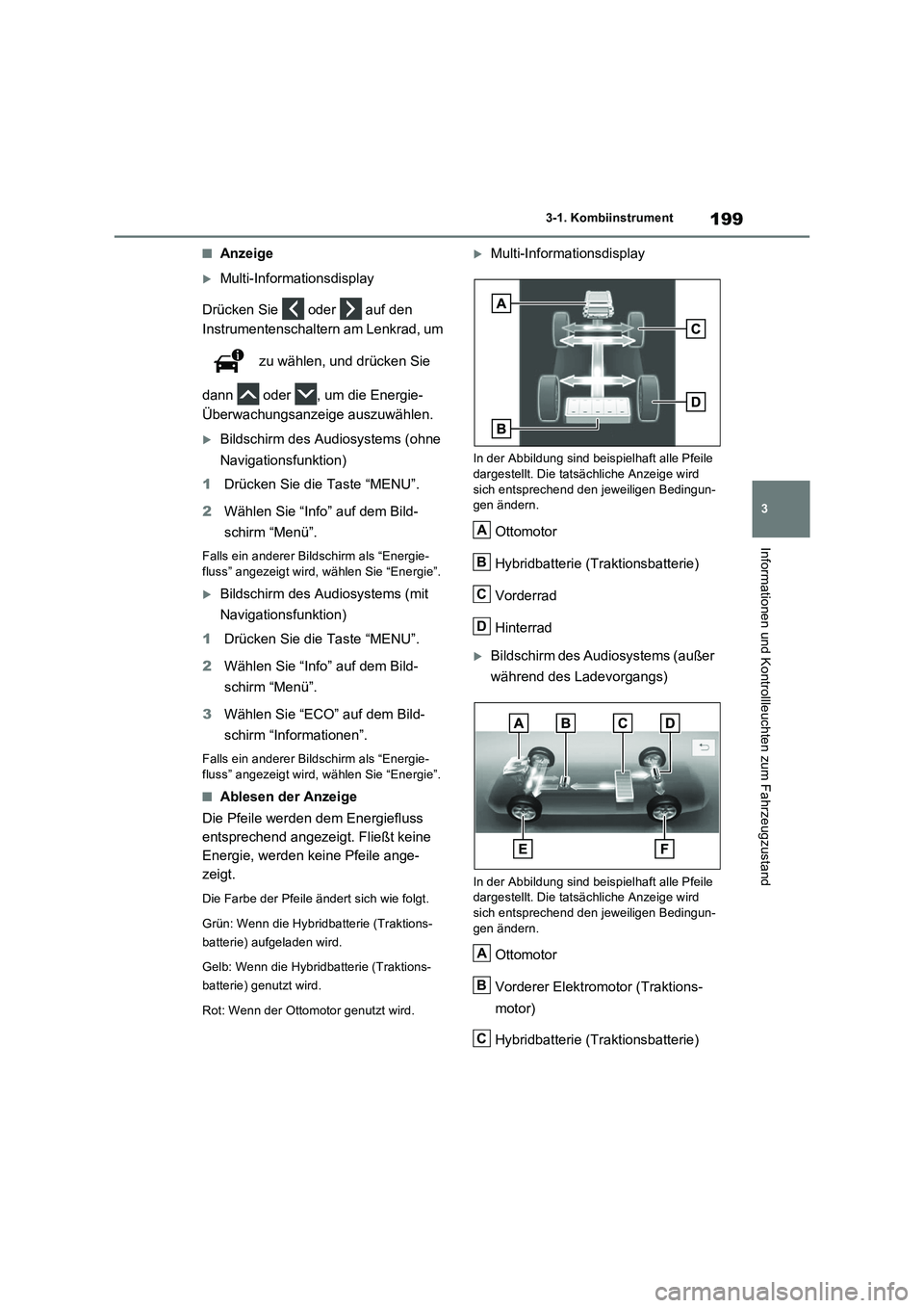 TOYOTA RAV4 PLUG-IN HYBRID 2022  Betriebsanleitungen (in German) 199
3 3-1. Kombiinstrument
Informationen und Kontrollleuchten zum Fahrzeugzustand
�QAnzeige
Multi-Informationsdisplay
Drücken Sie   oder   auf den 
Instrumentenschaltern am Lenkrad, um 
 zu wähle