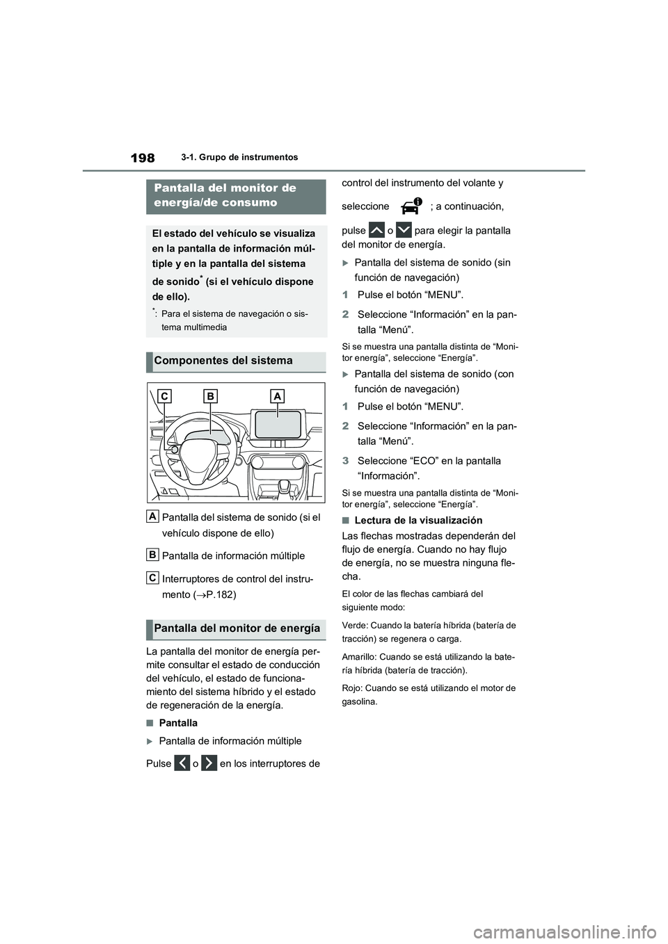 TOYOTA RAV4 PLUG-IN HYBRID 2022 Manual del propietario (in Spanish) 1983-1. Grupo de instrumentos
Pantalla del sistema de sonido (si el
vehículo dispone de ello)
Pantalla de información múltiple
Interruptores de control del instru-
mento (P.182)
La pantalla del TOYOTA RAV4 PLUG-IN HYBRID 2022 Manual del propietario (in Spanish) 1983-1. Grupo de instrumentos
Pantalla del sistema de sonido (si el
vehículo dispone de ello)
Pantalla de información múltiple
Interruptores de control del instru-
mento (P.182)
La pantalla del