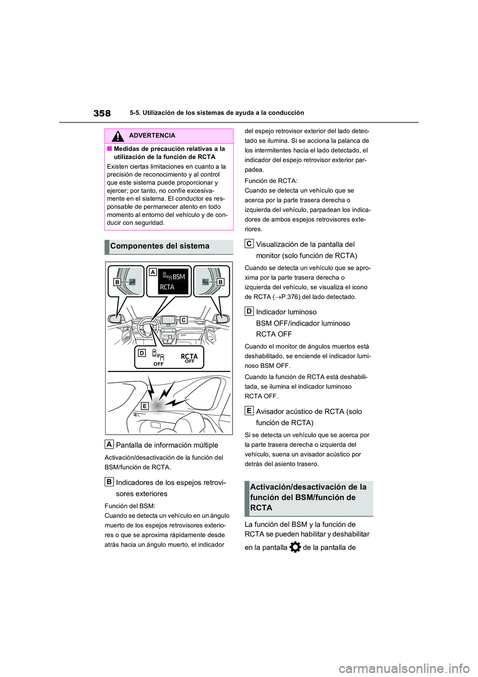 TOYOTA RAV4 PLUG-IN HYBRID 2022  Manual del propietario (in Spanish) 3585-5. Utilización de los sistemas de ayuda a la conducción
Pantalla de información múltiple
Activación/desactivación de la función del  
BSM/función de RCTA.
Indicadores de los espejos retro