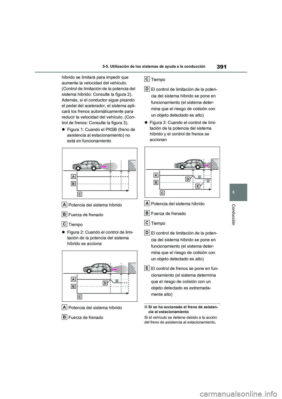 TOYOTA RAV4 PLUG-IN HYBRID 2022 Manual del propietario (in Spanish) 391
5 5-5. Utilización de los sistemas de ayuda a la conducción
Conducción
híbrido se limitará para impedir que
aumente la velocidad del vehículo.
(Control de limitación de la potencia del
s TOYOTA RAV4 PLUG-IN HYBRID 2022 Manual del propietario (in Spanish) 391
5 5-5. Utilización de los sistemas de ayuda a la conducción
Conducción
híbrido se limitará para impedir que
aumente la velocidad del vehículo.
(Control de limitación de la potencia del
s