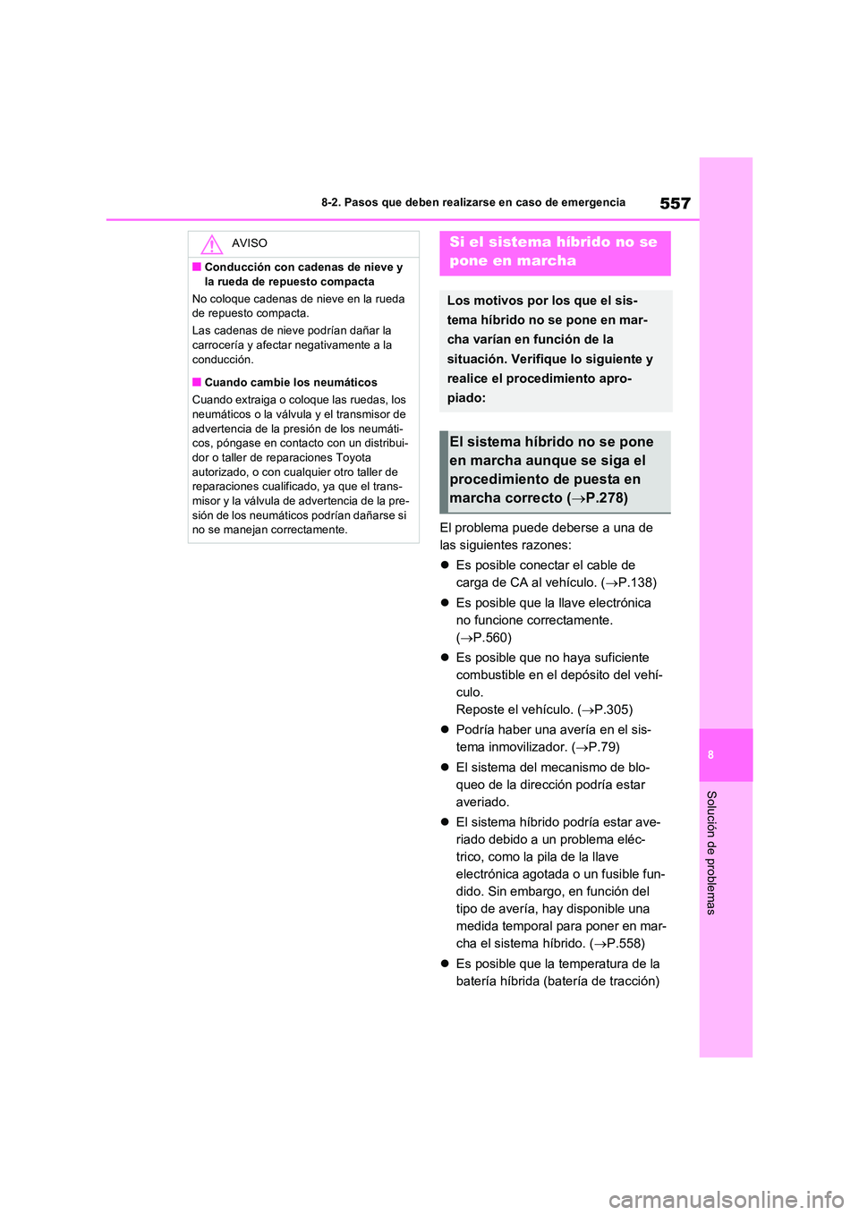 TOYOTA RAV4 PLUG-IN HYBRID 2022  Manual del propietario (in Spanish) 557
8 
8-2. Pasos que deben realizarse en caso de emergencia
Solución de problemas
El problema puede deberse a una de  
las siguientes razones: 
 Es posible conectar el cable de  
carga de CA al v