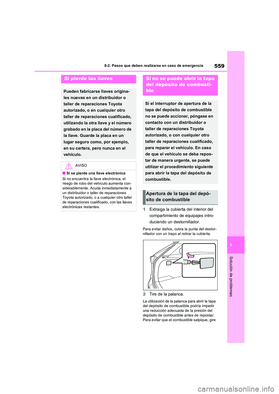 TOYOTA RAV4 PLUG-IN HYBRID 2022  Manual del propietario (in Spanish) 559
8 
8-2. Pasos que deben realizarse en caso de emergencia
Solución de problemas
1 Extraiga la cubierta del interior del  
compartimiento de equipajes intro- 
duciendo un destornillador.
Para evita