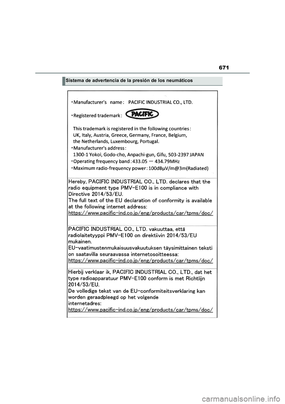 TOYOTA RAV4 PLUG-IN HYBRID 2022  Manual del propietario (in Spanish) 671
Sistema de advertencia de la presión de los neumáticos 