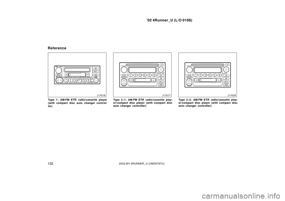 TOYOTA 4RUNNER 2002 N210 / 4.G Owners Manual ’02 4Runner_U (L/O 0108)
1322002 MY 4RUNNER_U (OM 35787U)
Type 1: AM·FM ETR radio/cassette player
(with compact disc auto changer control-
ler)Type 2�1: AM·FM ETR radio/cassette play-
er/compact d