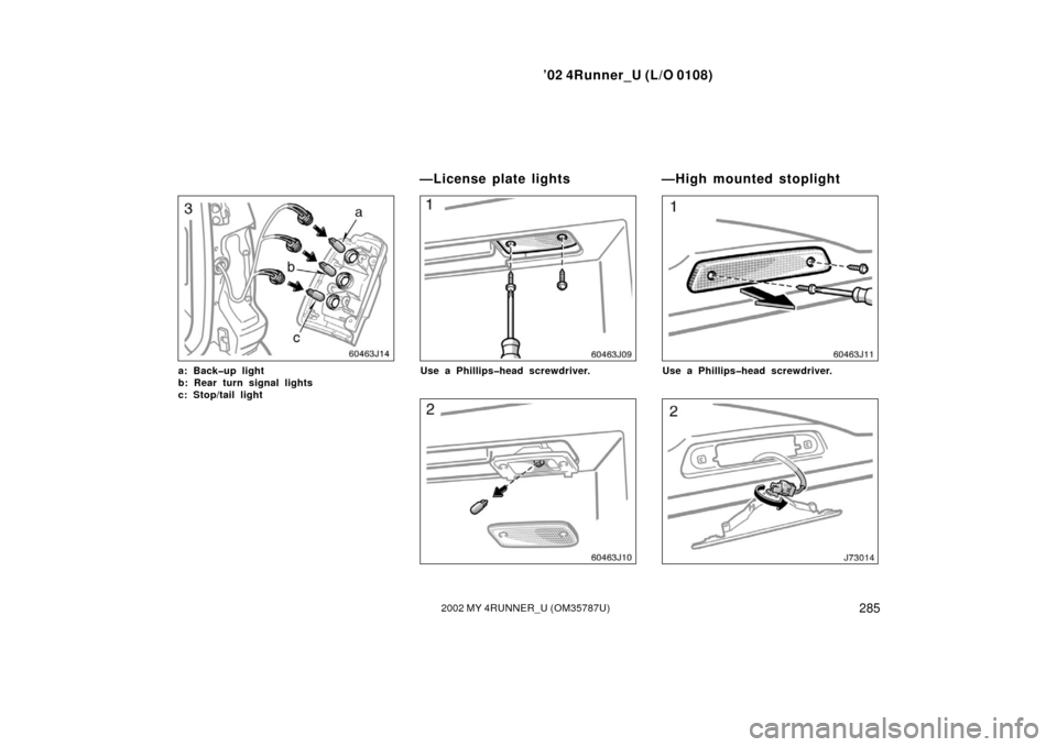 TOYOTA 4RUNNER 2002 N210 / 4.G Owners Manual ’02 4Runner_U (L/O 0108)
2852002 MY 4RUNNER_U (OM 35787U)
a: Back�up light
b: Rear turn signal lights
c: Stop/tail lightUse a Phillips�head screwdriver.Use a Phillips�head screwdriver.
—License pl