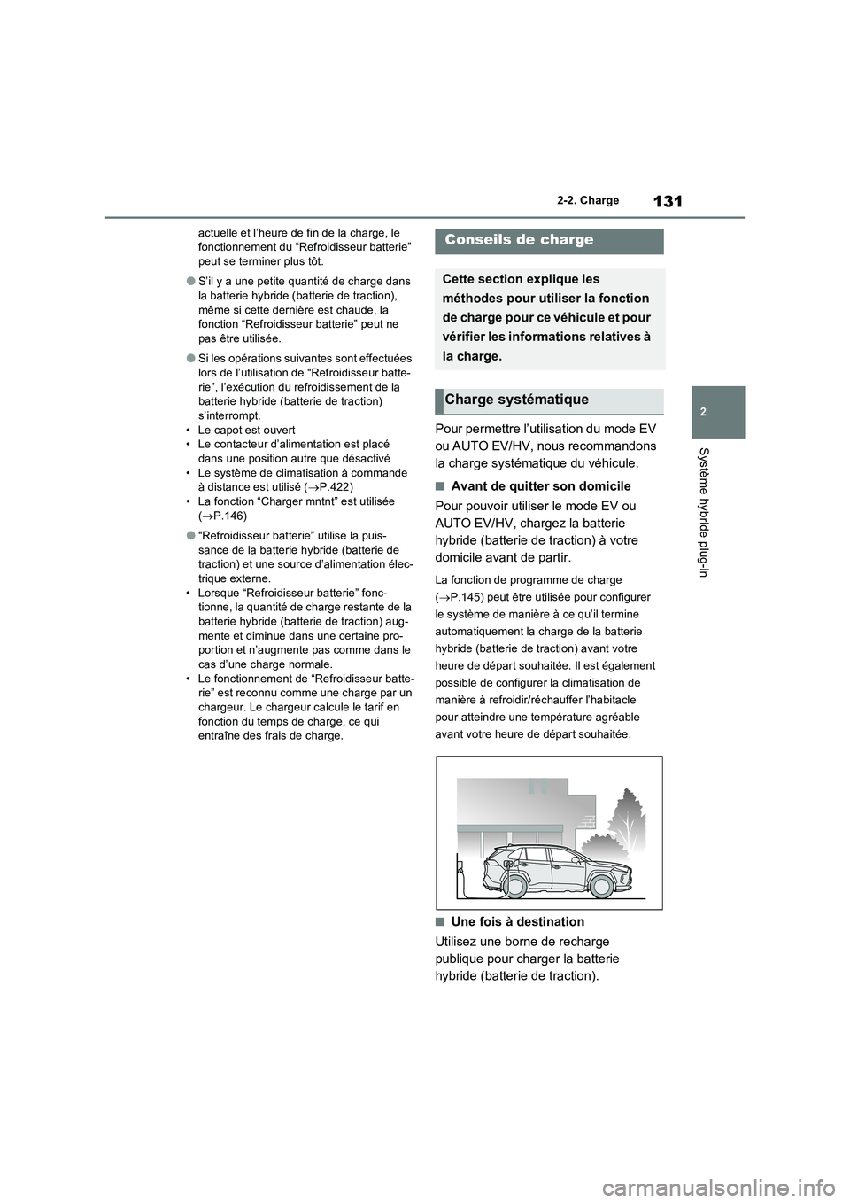 TOYOTA RAV4 PLUG-IN HYBRID 2022  Manuel du propriétaire (in French) 131
2 2-2. Charge
Système hybride plug-in
actuelle et l’heure de fin de la charge, le 
fonctionnement du “Refroidisseur batterie” 
peut se terminer plus tôt.
�OS’il y a une petite quantité 