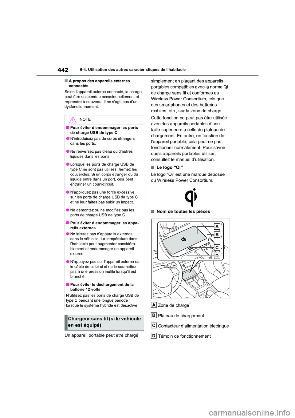 TOYOTA RAV4 PLUG-IN HYBRID 2022  Manuel du propriétaire (in French) 4426-4. Utilisation des autres caractéristiques de l’habitacle
�QA propos des appareils externes  connectés 
Selon l’appareil exter ne connecté, la charge  peut être suspendue occasionnellemen