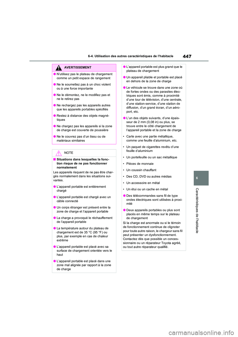 TOYOTA RAV4 PLUG-IN HYBRID 2022  Manuel du propriétaire (in French) 447
6 
6-4. Utilisation des autres caractéristiques de l’habitacle
Caractéristiques de l’habitacle
AVERTISSEMENT
�ON’utilisez pas le plateau de chargement  
comme un petit espace de rangement
