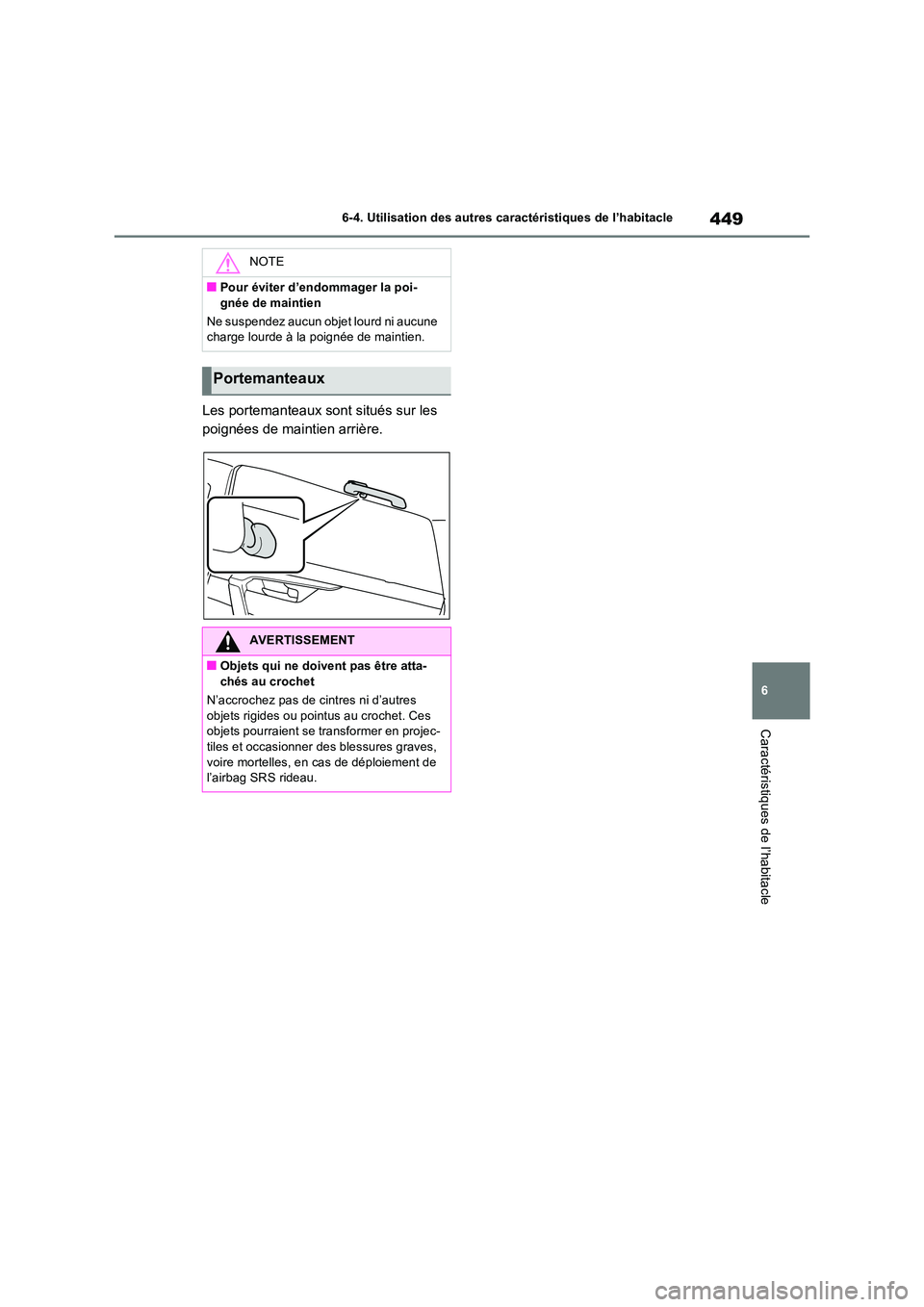 TOYOTA RAV4 PLUG-IN HYBRID 2022  Manuel du propriétaire (in French) 449
6 
6-4. Utilisation des autres caractéristiques de l’habitacle
Caractéristiques de l’habitacle
Les portemanteaux sont situés sur les  
poignées de maintien arrière.
NOTE
�QPour éviter d