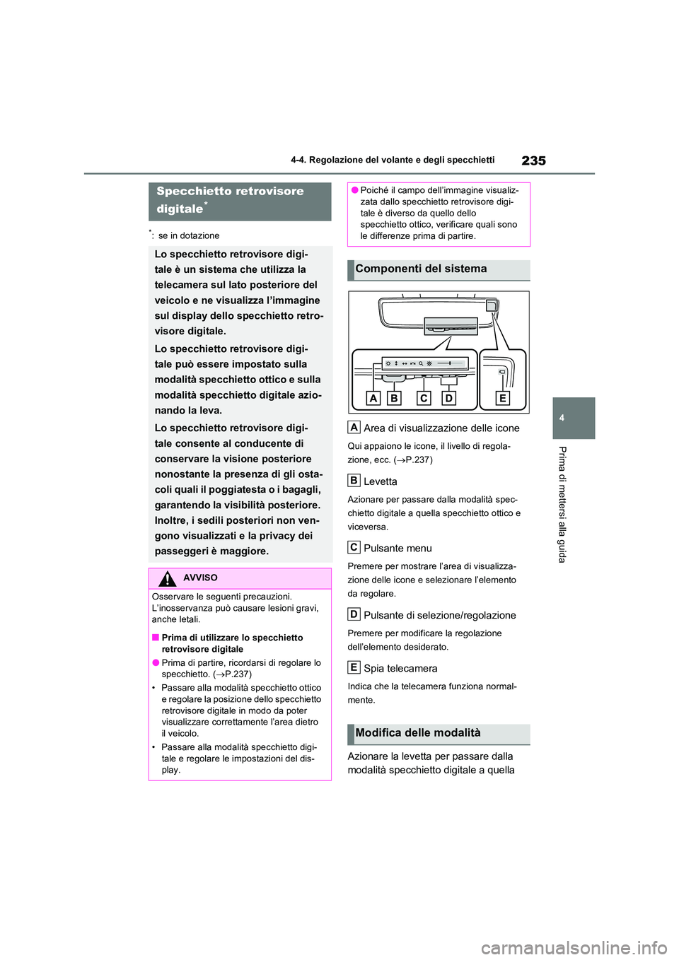 TOYOTA RAV4 PLUG-IN HYBRID 2022  Manuale duso (in Italian) 235
4 
4-4. Regolazione del volante e degli specchietti
Prima di mettersi alla guida
*: se in dotazione
Area di visualizzazione delle icone
Qui appaiono le icone, il livello di regola- 
zione, ecc. ( 