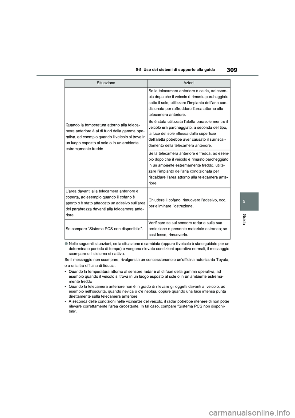 TOYOTA RAV4 PLUG-IN HYBRID 2022  Manuale duso (in Italian) 309
5 5-5. Uso dei sistemi di supporto alla guida
Guida
�ONelle seguenti situazioni, se la situazione è cambiata (oppure il veicolo è stato guidato per un 
determinato periodo di tempo) e vengono ri