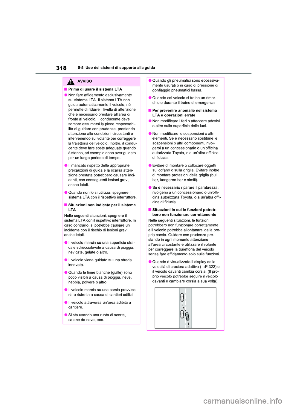 TOYOTA RAV4 PLUG-IN HYBRID 2022  Manuale duso (in Italian) 3185-5. Uso dei sistemi di supporto alla guida
AVVISO
�QPrima di usare il sistema LTA
�ONon fare affidamento esclusivamente  
sul sistema LTA. Il sistema LTA non  guida automaticamente il veicolo, né