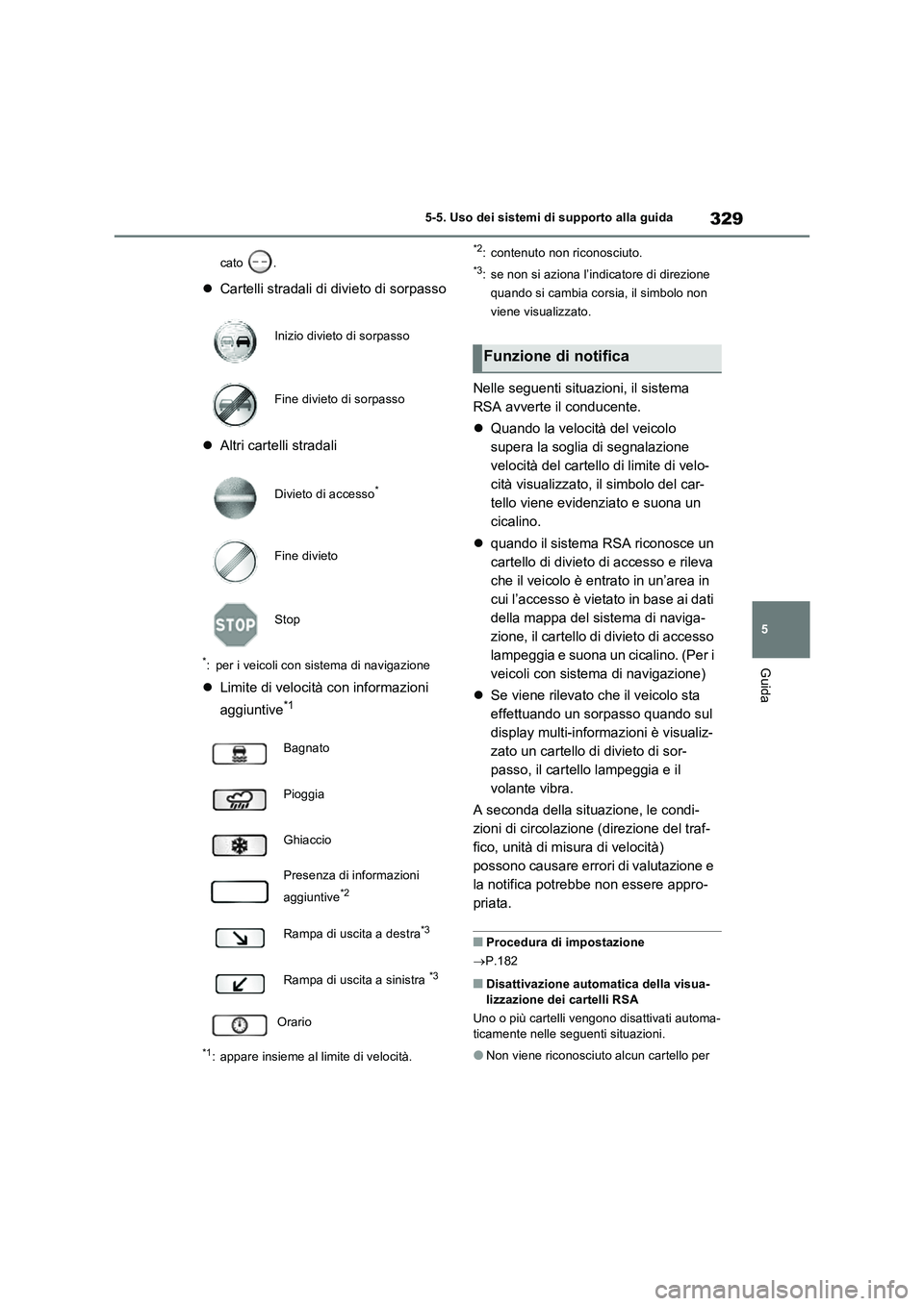 TOYOTA RAV4 PLUG-IN HYBRID 2022  Manuale duso (in Italian) 329
5 5-5. Uso dei sistemi di supporto alla guida
Guida
cato .
Cartelli stradali di divieto di sorpasso
Altri cartelli stradali
*: per i veicoli con sistema di navigazione
Limite di velocità