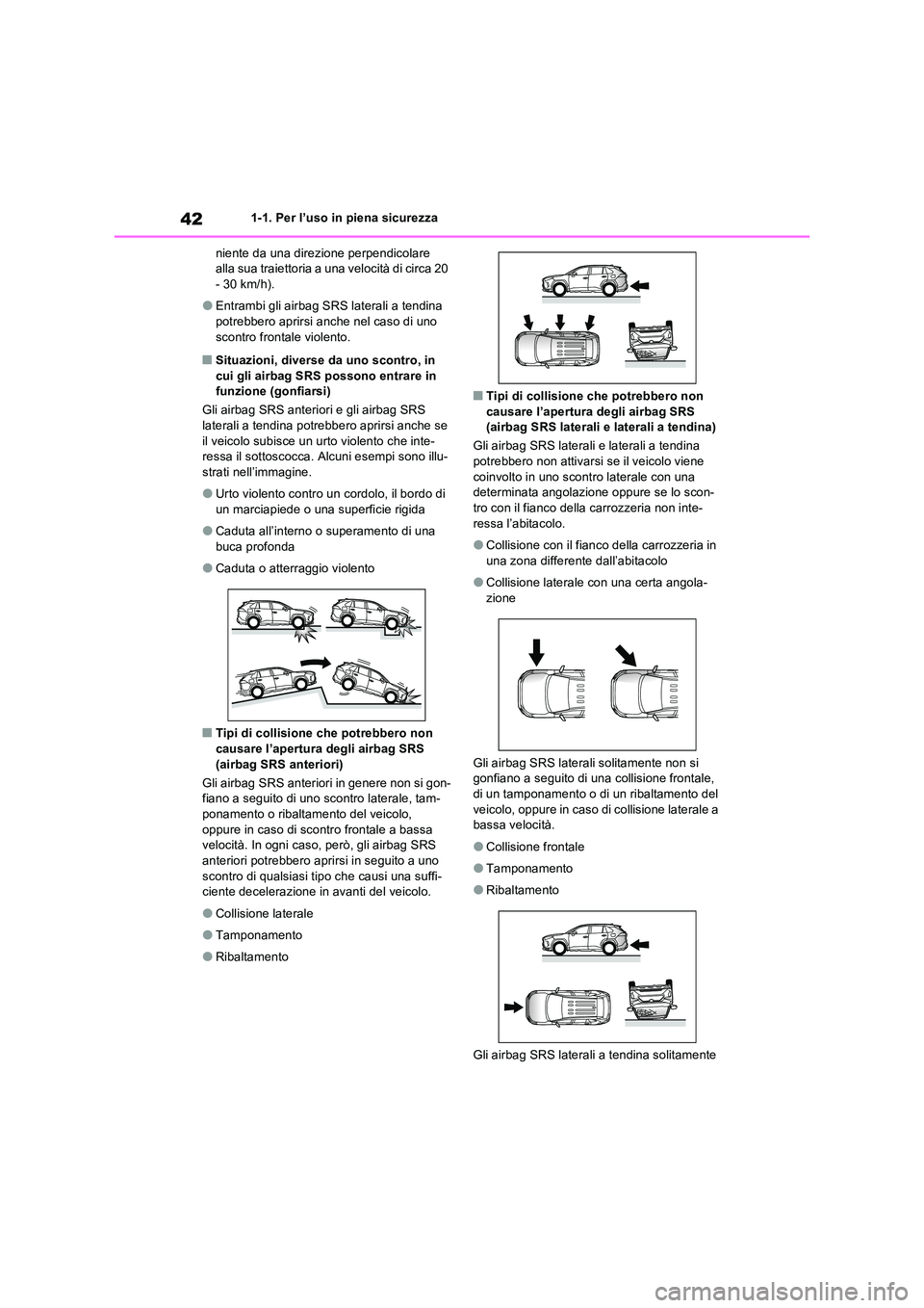 TOYOTA RAV4 PLUG-IN HYBRID 2022  Manuale duso (in Italian) 421-1. Per l’uso in piena sicurezza 
niente da una direzione perpendicolare  alla sua traiettoria a una velocità di circa 20 - 30 km/h).
�OEntrambi gli airbag SRS laterali a tendina potrebbero apri