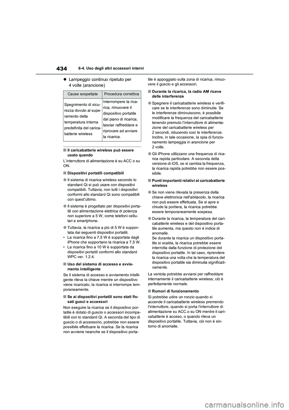 TOYOTA RAV4 PLUG-IN HYBRID 2022  Manuale duso (in Italian) 4346-4. Uso degli altri accessori interni
Lampeggio continuo ripetuto per 
4 volte (arancione)
�QIl caricabatterie wireless può essere 
usato quando
L’interruttore di alimentazione è su ACC o s