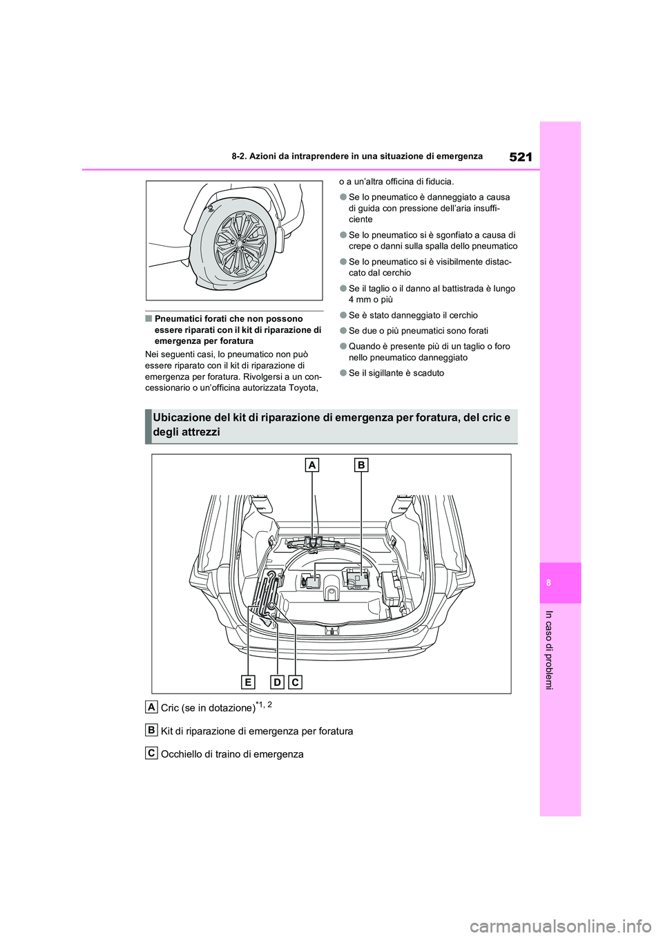 TOYOTA RAV4 PLUG-IN HYBRID 2022  Manuale duso (in Italian) 521
8 
8-2. Azioni da intraprendere in una situazione di emergenza
In caso di problemi
�QPneumatici forati che non possono  essere riparati con il kit di riparazione di emergenza per foratura 
Nei seg