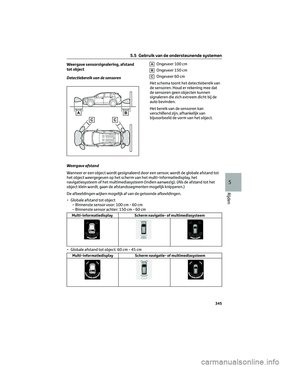 TOYOTA RAV4 PLUG-IN HYBRID 2022  Instructieboekje (in Dutch) Weergave sensorsignalering, afstand
tot object
Detectiebereik van de sensorenAOngeveer 100 cm
BOngeveer 150 cm
COngeveer 60 cm
Het schema toont het detectiebereik van
de sensoren. Houd er rekening mee
