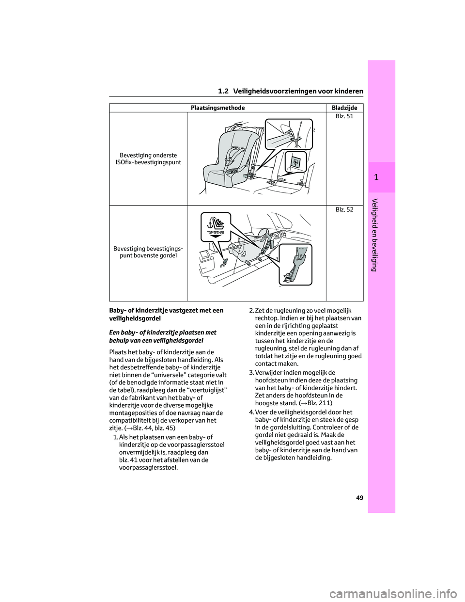 TOYOTA RAV4 PLUG-IN HYBRID 2022  Instructieboekje (in Dutch) Plaatsingsmethode Bladzijde
Bevestiging onderste
ISOfix-bevestigingspunt
Blz. 51
Bevestiging bevestigings-
punt bovenste gordel
Blz. 52
Baby- of kinderzitje vastgezet met een
veiligheidsgordel
Een bab