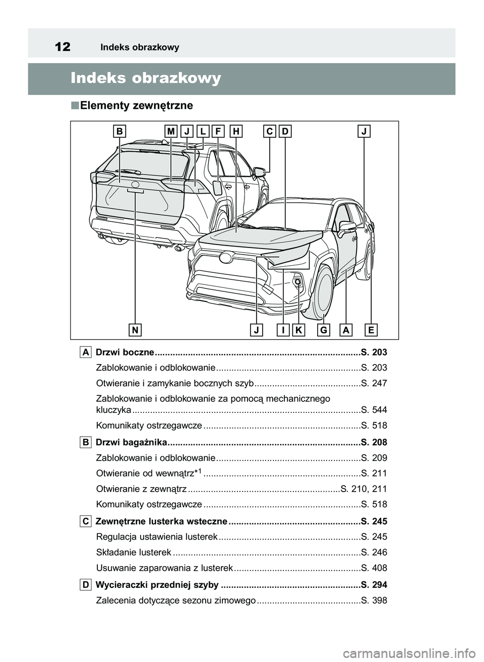 TOYOTA RAV4 PLUG-IN HYBRID 2022  Instrukcja obsługi (in Polish) Elementy zewn´trzne
Drzwi boczne .................................................................................S. 203
Zablokowanie i odblokowanie ..................................................