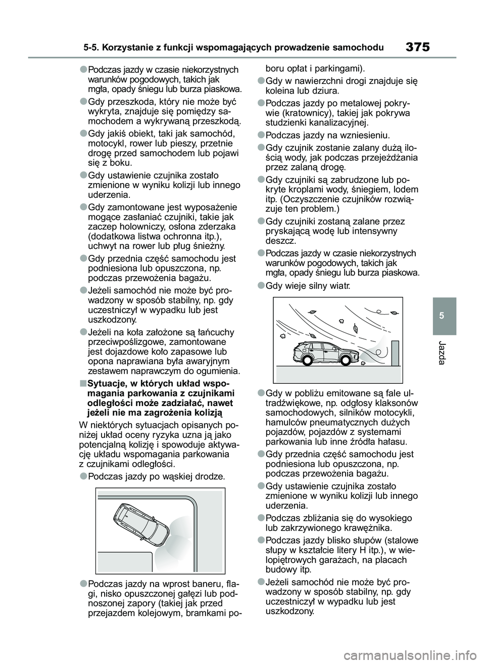TOYOTA RAV4 PLUG-IN HYBRID 2022  Instrukcja obsługi (in Polish) Podczas jazdy w czasie niekorzystnych
warunków pogodowych, takich jak
mg∏a, opady Êniegu lub burza piaskowa.
Gdy przeszkoda, który nie mo˝e byç
wykryta, znajduje si´ pomi´dzy sa-
mochodem a w
