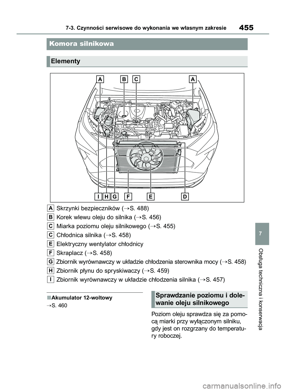TOYOTA RAV4 PLUG-IN HYBRID 2022  Instrukcja obsługi (in Polish) Akumulator 12-woltowy
S. 460
Poziom oleju sprawdza si´ za pomo-
cà miarki przy wy∏àczonym silniku,
gdy jest on rozgrzany do temperatu-
ry roboczej.
Obs∏uga techniczna i konserwacja
7-3. Czynno