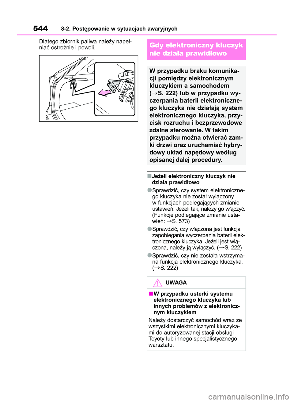 TOYOTA RAV4 PLUG-IN HYBRID 2022  Instrukcja obsługi (in Polish) Dlatego zbiornik paliwa nale˝y nape∏-
niaç ostro˝nie i powoli.
Je˝eli elektroniczny kluczyk nie
dzia∏a prawid∏owo
Sprawdziç, czy system elektroniczne-
go kluczyka nie zosta∏ wy∏àczony
