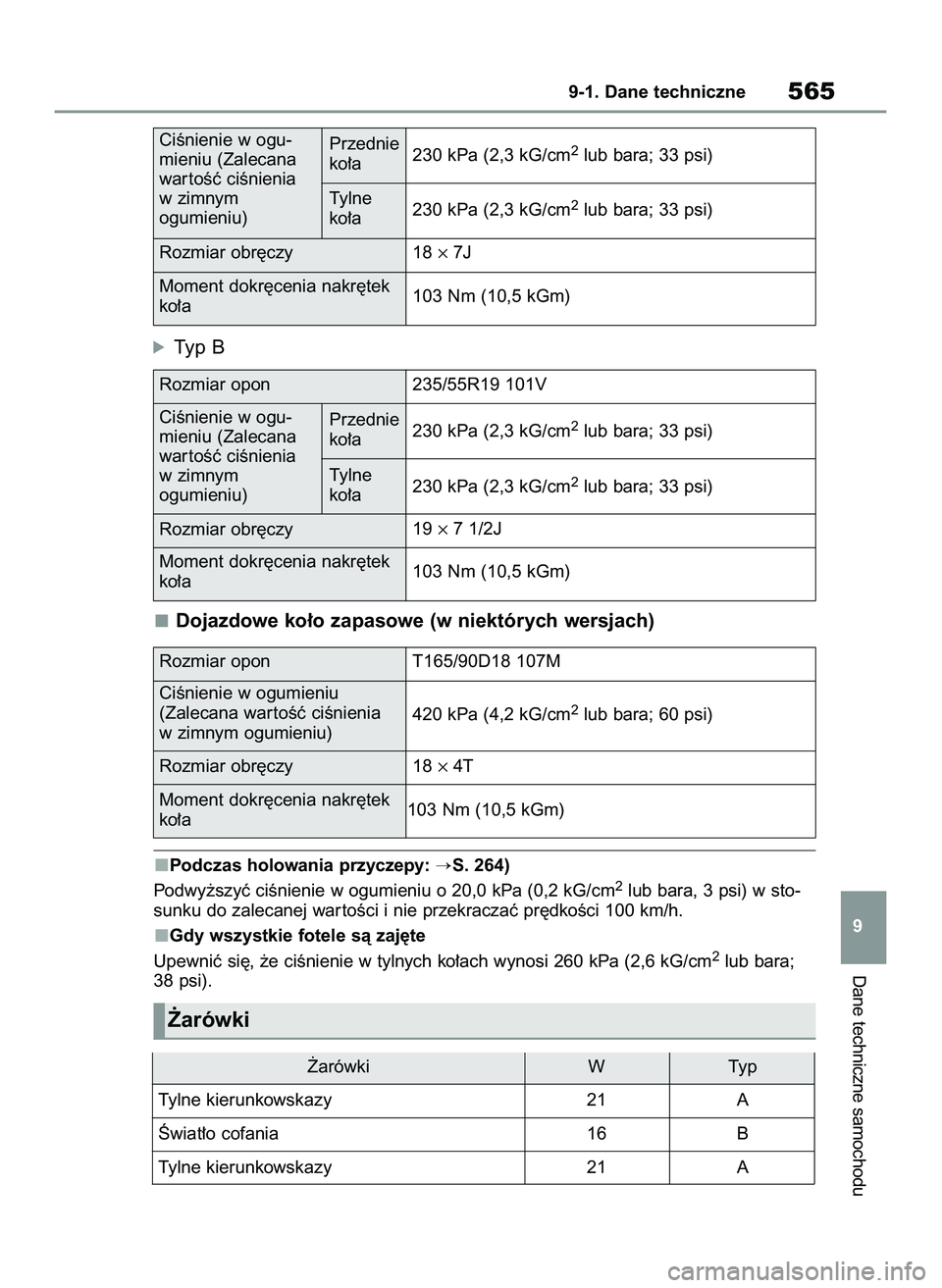 TOYOTA RAV4 PLUG-IN HYBRID 2022  Instrukcja obsługi (in Polish) óTyp B
Dojazdowe ko∏o zapasowe (w niektórych wersjach)
Podczas holowania przyczepy: S. 264)
Podwy˝szyç ciÊnienie w ogumieniu o 20,0 kPa (0,2 kG/cm2lub bara, 3 psi) w sto-
sunku do zalecanej wa
