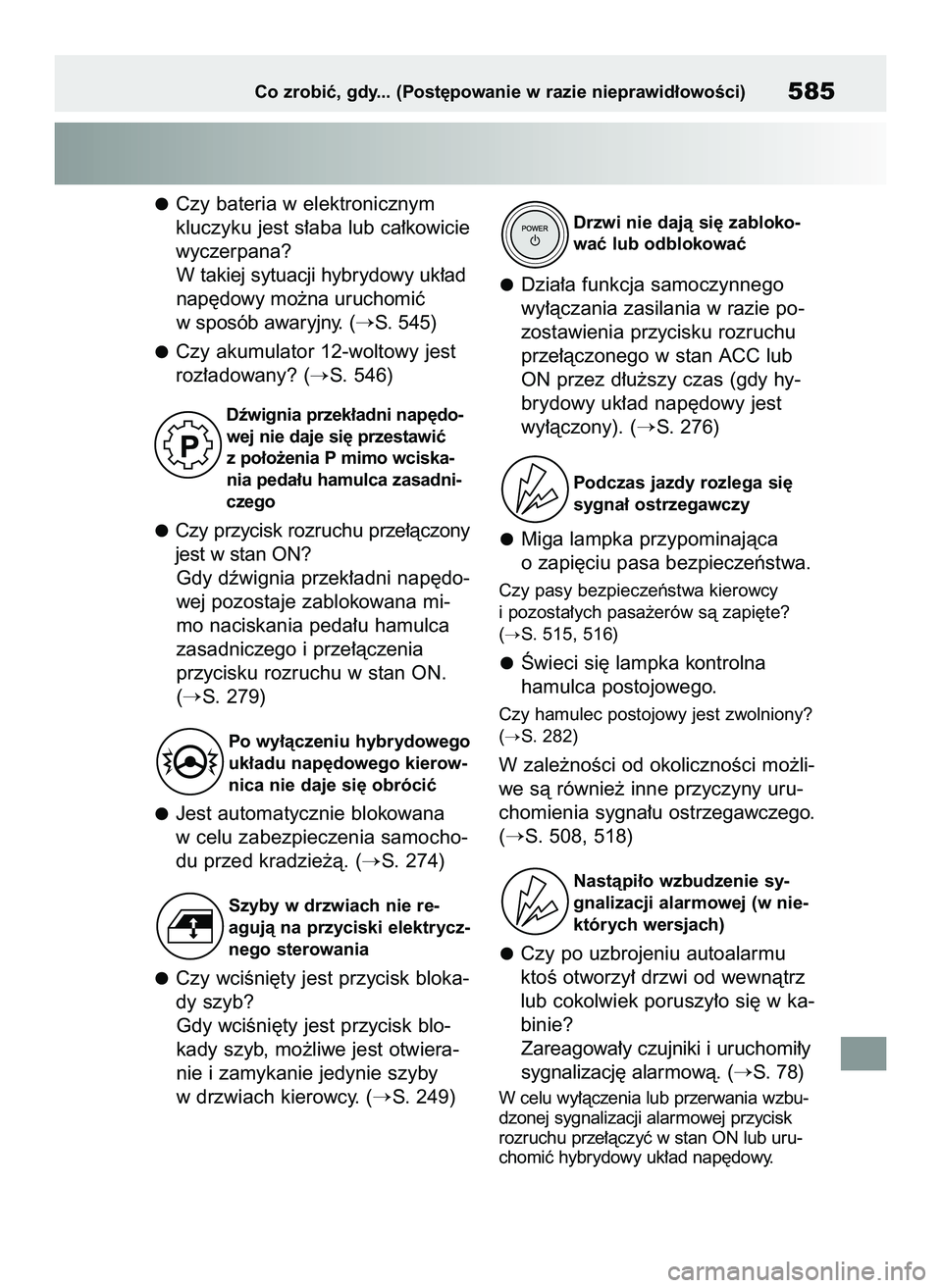 TOYOTA RAV4 PLUG-IN HYBRID 2022  Instrukcja obsługi (in Polish) Czy bateria w elektronicznym
kluczyku jest s∏aba lub ca∏kowicie
wyczerpana?
W takiej sytuacji hybrydowy uk∏ad
nap´dowy mo˝na uruchomiç
w sposób awaryjny. (
S. 545)
Czy akumulator 12-woltowy