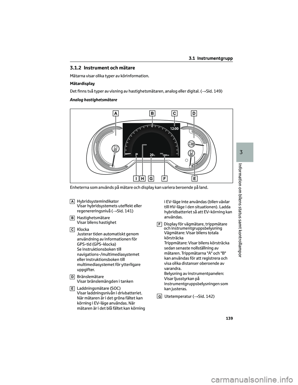 TOYOTA RAV4 PLUG-IN HYBRID 2021  Bruksanvisningar (in Swedish) 3.1.2 Instrument och mätare
Mätarna visar olika typer av körinformation.
Mätardisplay
Det finns två typer av visning av hastighetsmätaren, analog eller digital. (→Sid. 149)
Analog hastighetsm�