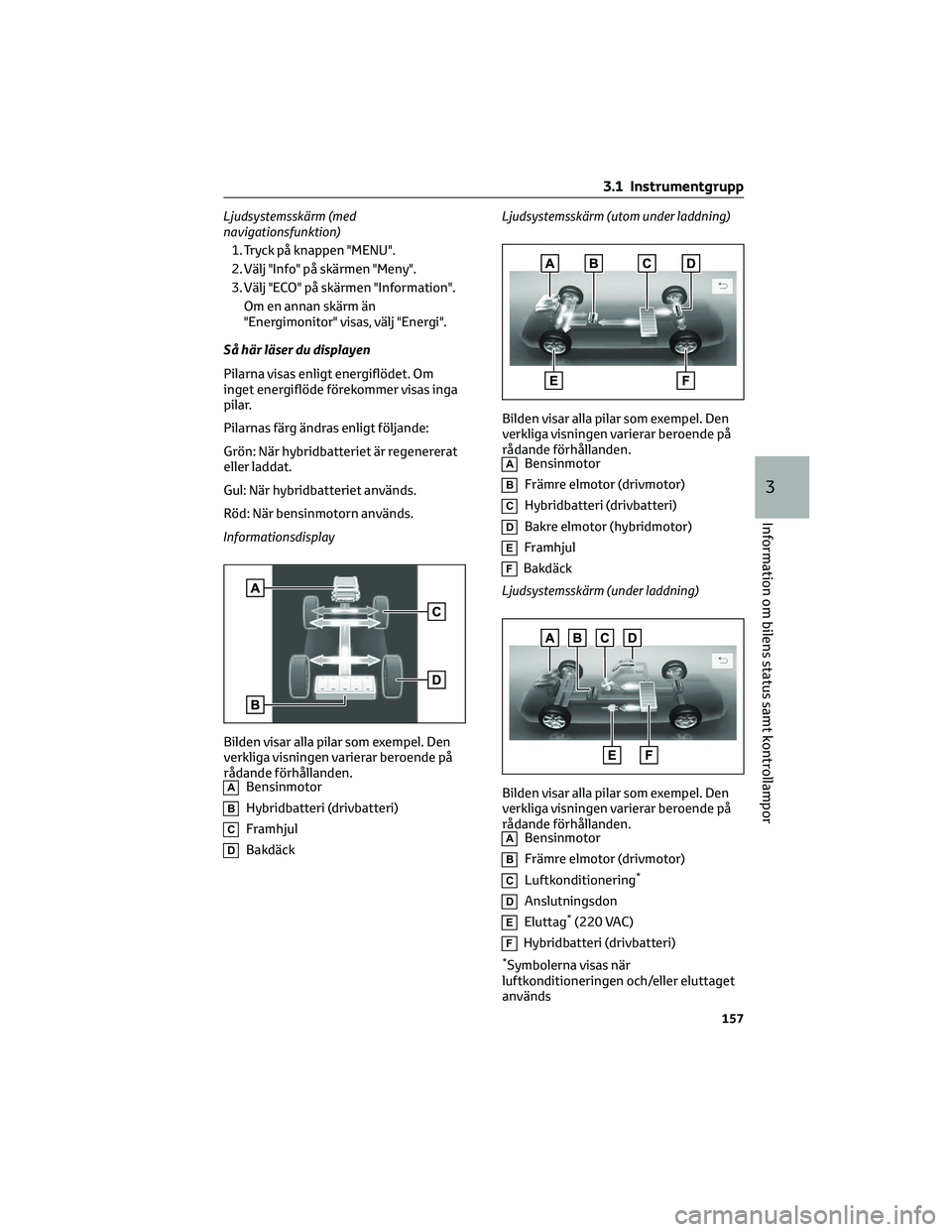 TOYOTA RAV4 PLUG-IN HYBRID 2022 Bruksanvisningar (in Swedish) Ljudsystemsskärm (med
navigationsfunktion)
1. Tryck på knappen "MENU".
2. Välj "Info" på skärmen "Meny".
3. Välj "ECO" på skärmen "Information".
Om en a TOYOTA RAV4 PLUG-IN HYBRID 2022 Bruksanvisningar (in Swedish) Ljudsystemsskärm (med
navigationsfunktion)
1. Tryck på knappen "MENU".
2. Välj "Info" på skärmen "Meny".
3. Välj "ECO" på skärmen "Information".
Om en a