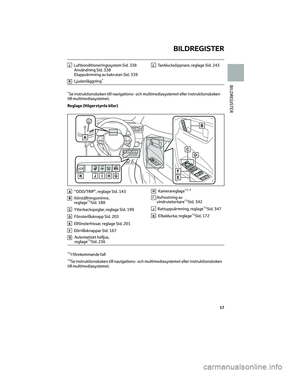 TOYOTA RAV4 PLUG-IN HYBRID 2021  Bruksanvisningar (in Swedish) JLuftkonditioneringssystem Sid. 338
Användning Sid. 338
Eluppvärmning av bakrutan Sid. 339
KLjudanläggning*
LTanklucksöppnare, reglage Sid. 243
*Se instruktionsboken till navigations- och multimed