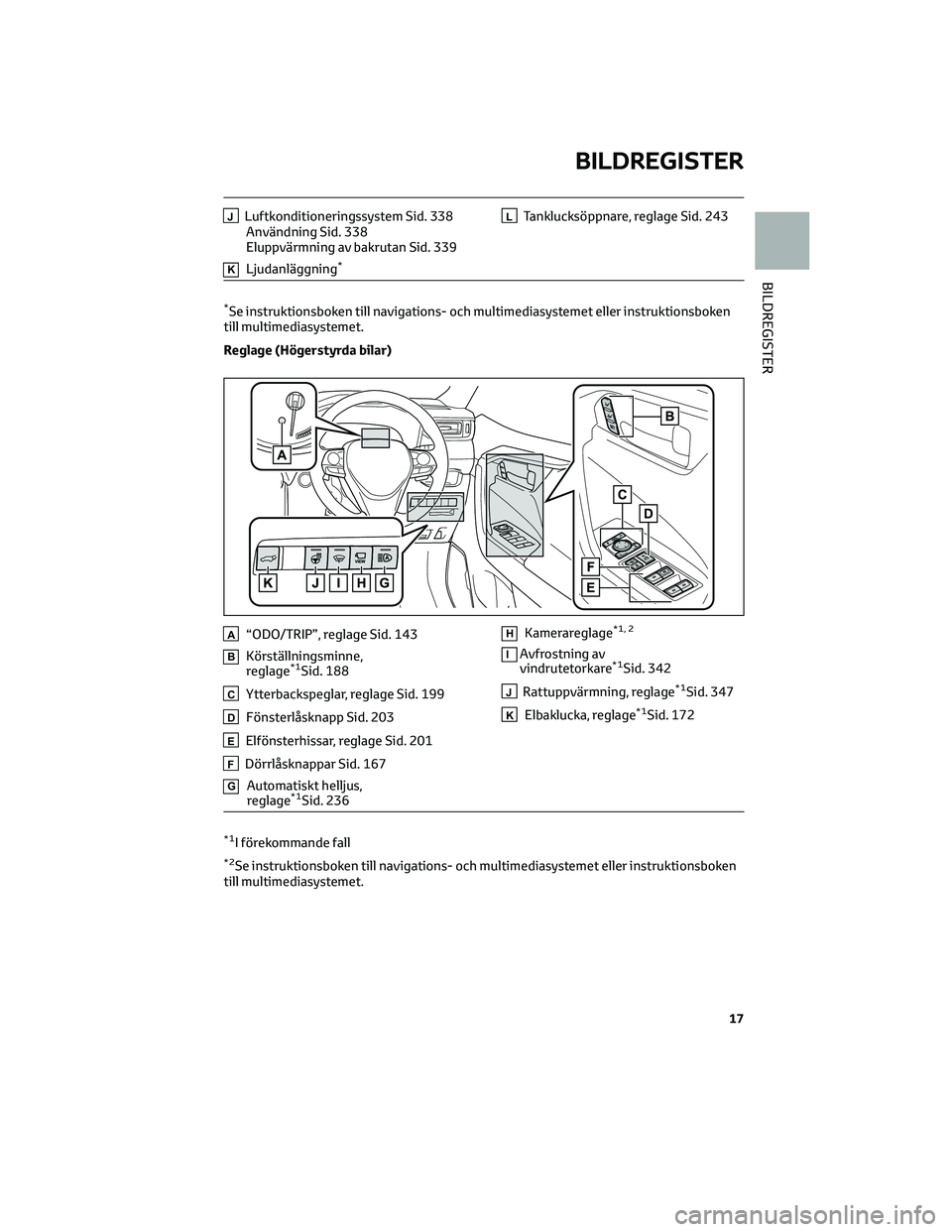 TOYOTA RAV4 PLUG-IN HYBRID 2022 Bruksanvisningar (in Swedish) JLuftkonditioneringssystem Sid. 338
Användning Sid. 338
Eluppvärmning av bakrutan Sid. 339
KLjudanläggning*
LTanklucksöppnare, reglage Sid. 243
*Se instruktionsboken till navigations- och multimed TOYOTA RAV4 PLUG-IN HYBRID 2022 Bruksanvisningar (in Swedish) JLuftkonditioneringssystem Sid. 338
Användning Sid. 338
Eluppvärmning av bakrutan Sid. 339
KLjudanläggning*
LTanklucksöppnare, reglage Sid. 243
*Se instruktionsboken till navigations- och multimed