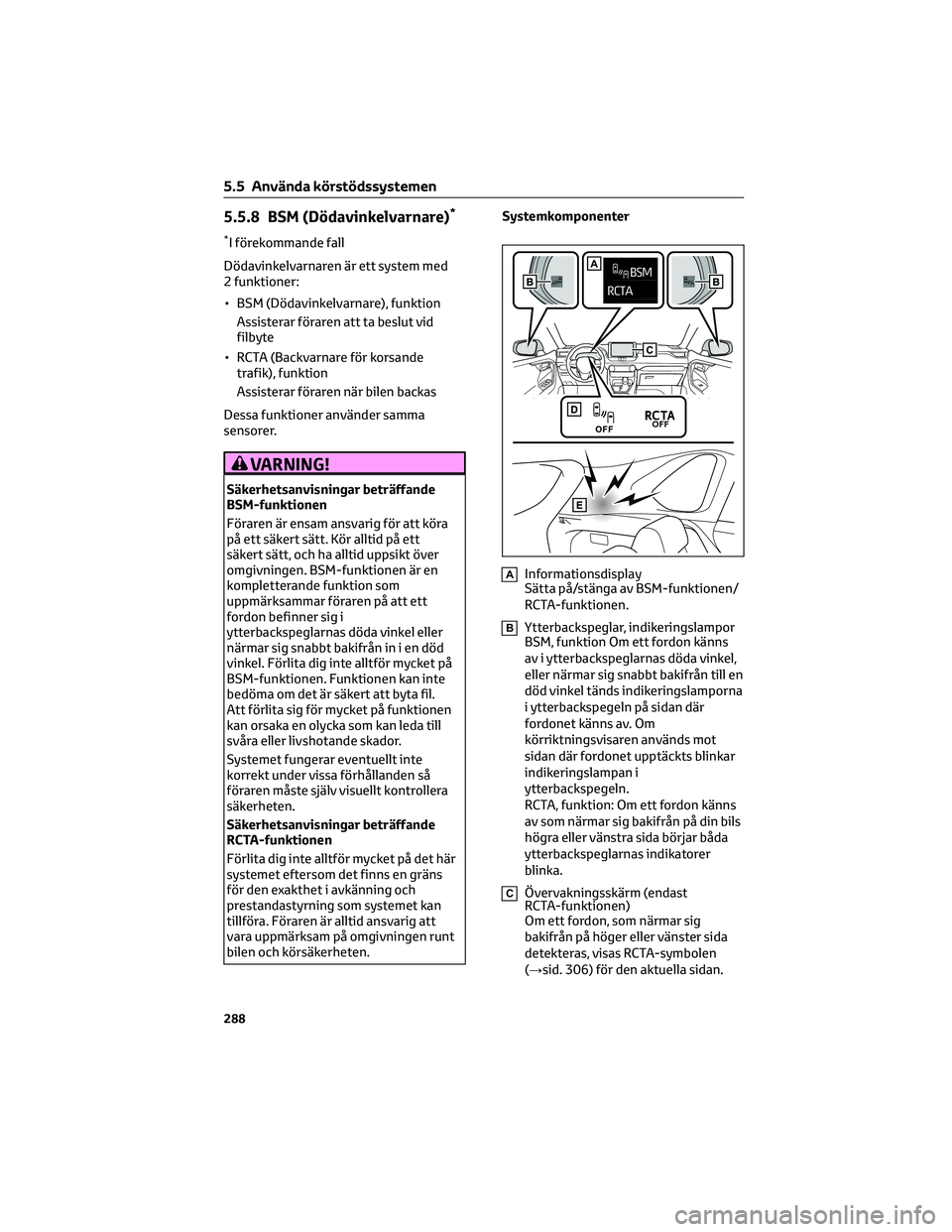 TOYOTA RAV4 PLUG-IN HYBRID 2022 Bruksanvisningar (in Swedish) 5.5.8 BSM (Dödavinkelvarnare)*
*I förekommande fall
Dödavinkelvarnaren är ett system med
2 funktioner:
• BSM (Dödavinkelvarnare), funktion
Assisterar föraren att ta beslut vid
filbyte
• RCTA TOYOTA RAV4 PLUG-IN HYBRID 2022 Bruksanvisningar (in Swedish) 5.5.8 BSM (Dödavinkelvarnare)*
*I förekommande fall
Dödavinkelvarnaren är ett system med
2 funktioner:
• BSM (Dödavinkelvarnare), funktion
Assisterar föraren att ta beslut vid
filbyte
• RCTA