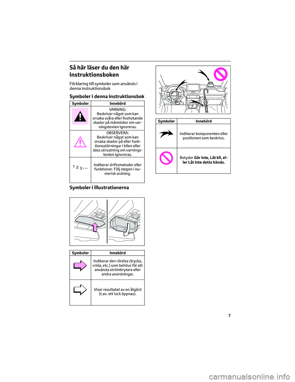 TOYOTA RAV4 PLUG-IN HYBRID 2021  Bruksanvisningar (in Swedish) Så här läser du den här
instruktionsboken
Förklaring till symboler som används i
denna instruktionsbok
Symboler i denna instruktionsbok
Symboler Innebörd
VARNING:
Beskriver något som kan
orsak