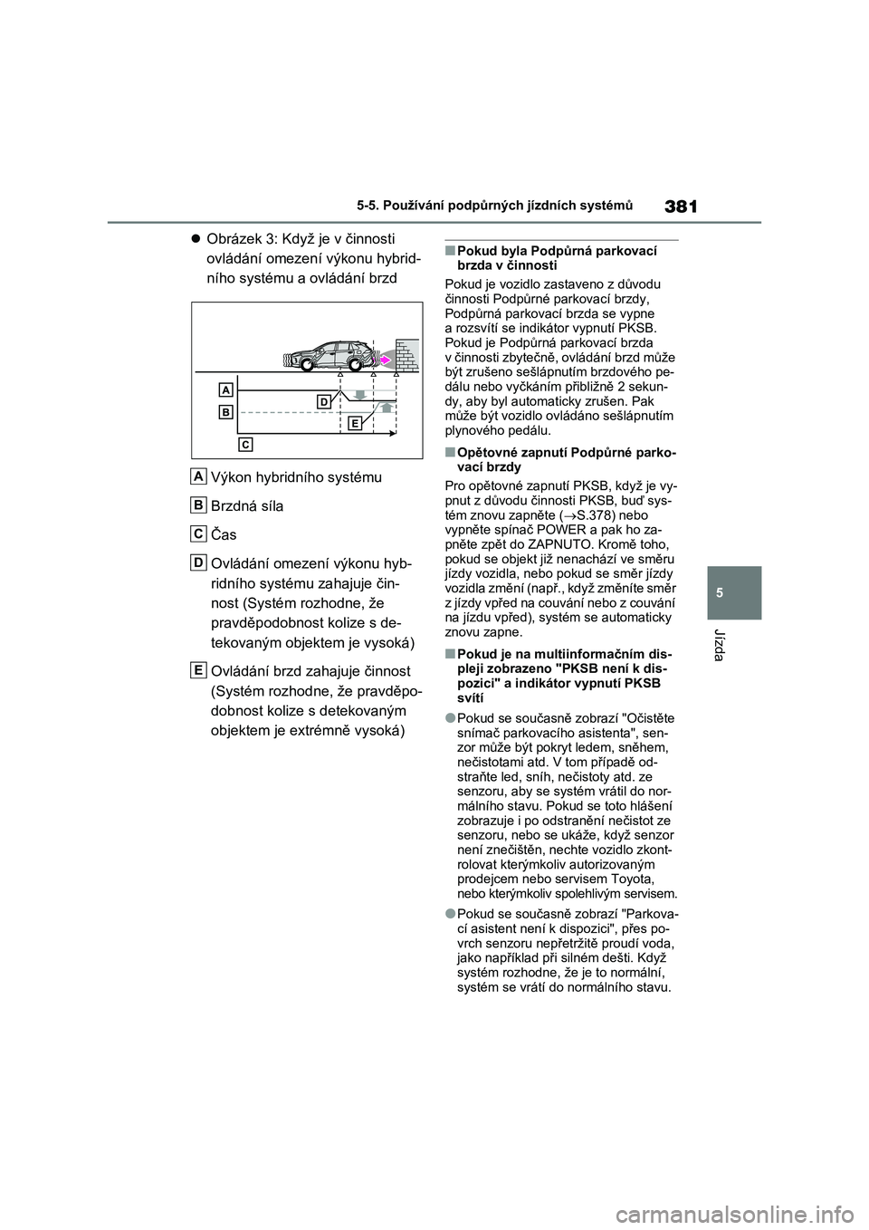 TOYOTA RAV4 PLUG-IN HYBRID 2022  Návod na použití (in Czech) 381
5 
5-5. Používání podpůrných jízdních systémů
Jízda
 Obrázek 3: Když je v činnosti  
ovládání omezení výkonu hybrid-
ního systému a ovládání brzd 
Výkon hybridního sys