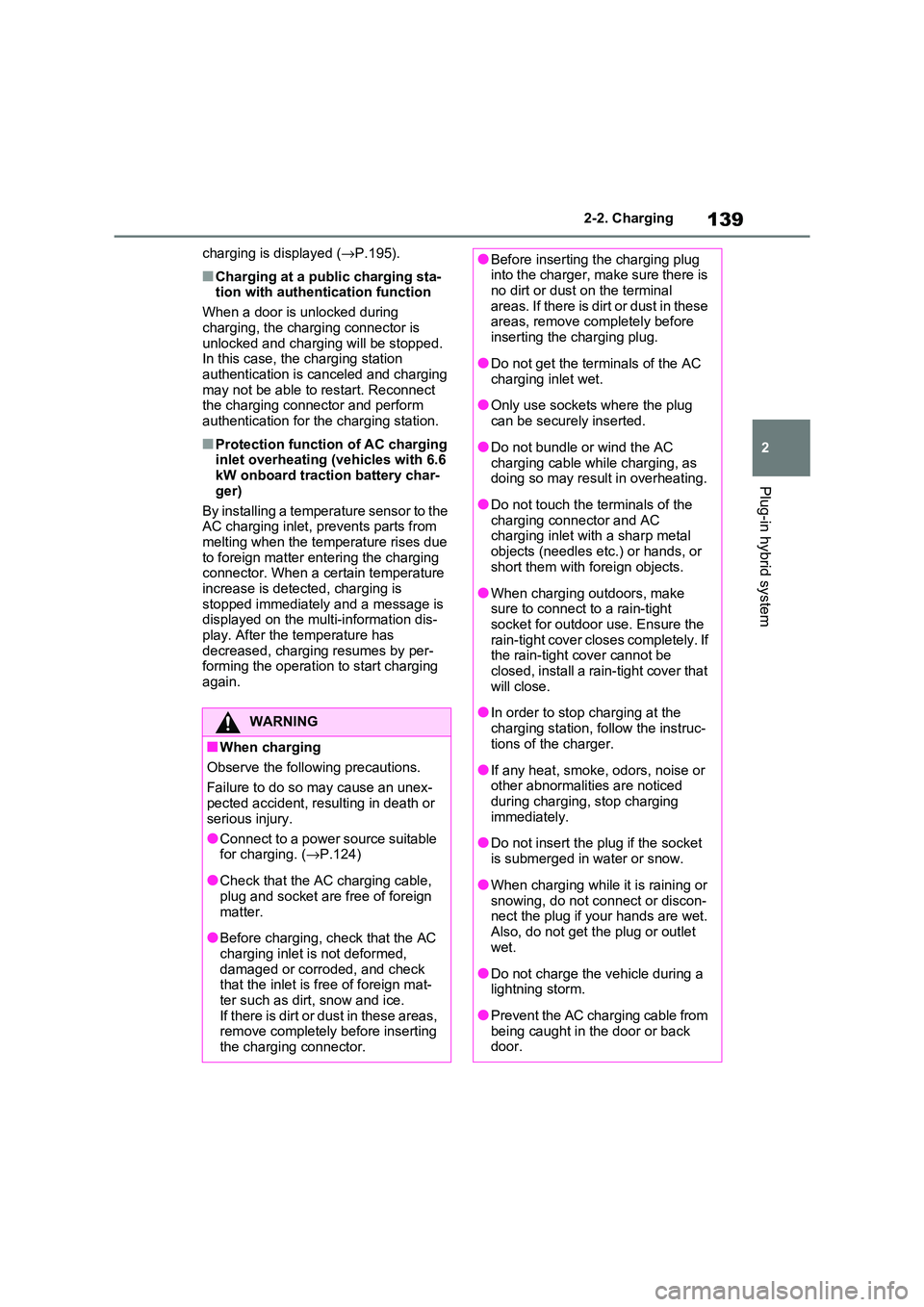 TOYOTA RAV4 PLUG-IN HYBRID 2021 User Guide 139
2
2-2. Charging
Plug-in hybrid system
charging is displayed ( →P.195).
■Charging at a public charging sta-
tion with authenti cation function
When a door is unlocked during
charging, the TOYOTA RAV4 PLUG-IN HYBRID 2021 User Guide 139
2
2-2. Charging
Plug-in hybrid system
charging is displayed ( →P.195).
■Charging at a public charging sta-
tion with authenti cation function
When a door is unlocked during
charging, the