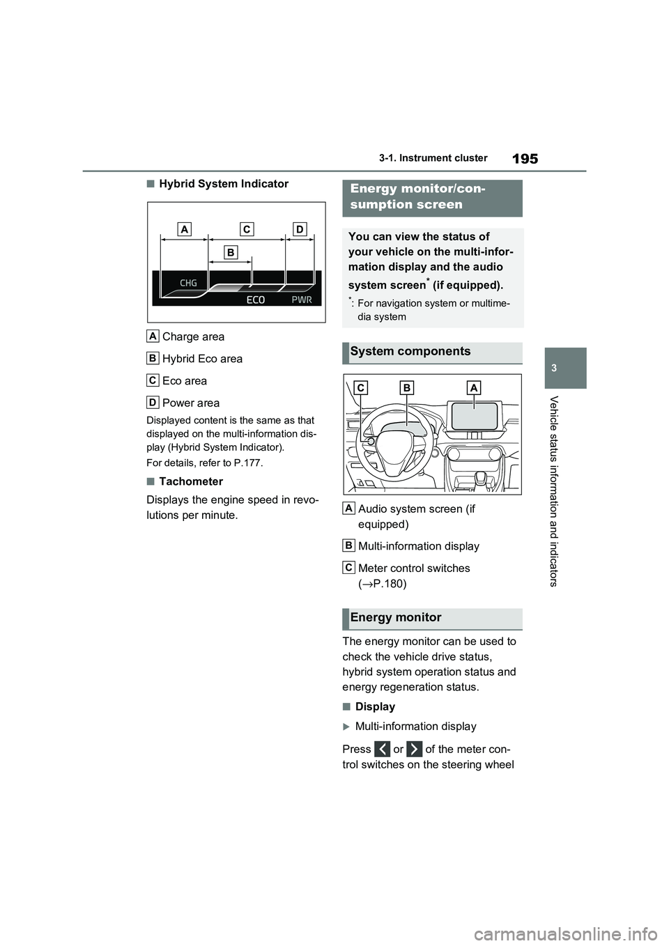 TOYOTA RAV4 PLUG-IN HYBRID 2021 User Guide 195
3
3-1. Instrument cluster
Vehicle status information and indicators
■Hybrid System Indicator
Charge area
Hybrid Eco area
Eco area
Power area
Displayed content is the same as that
displayed TOYOTA RAV4 PLUG-IN HYBRID 2021 User Guide 195
3
3-1. Instrument cluster
Vehicle status information and indicators
■Hybrid System Indicator
Charge area
Hybrid Eco area
Eco area
Power area
Displayed content is the same as that
displayed