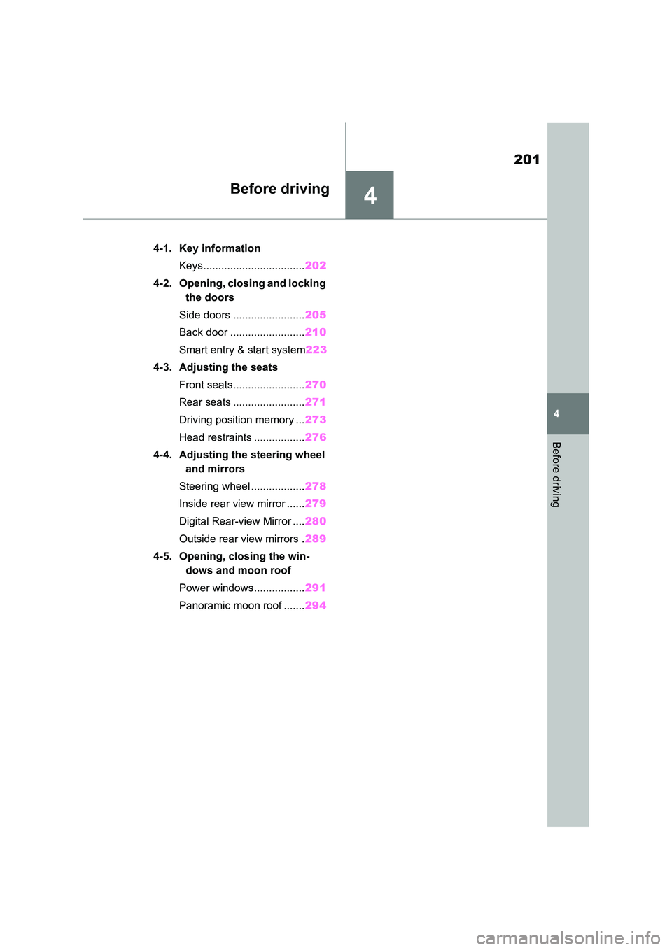 TOYOTA RAV4 PLUG-IN HYBRID 2021  Owners Manual 4
201
4
Before driving
Before driving
4-1. Key information 
Keys.................................. 202 
4-2. Opening, closing and locking  
the doors 
Side doors ........................ 205 
Back doo