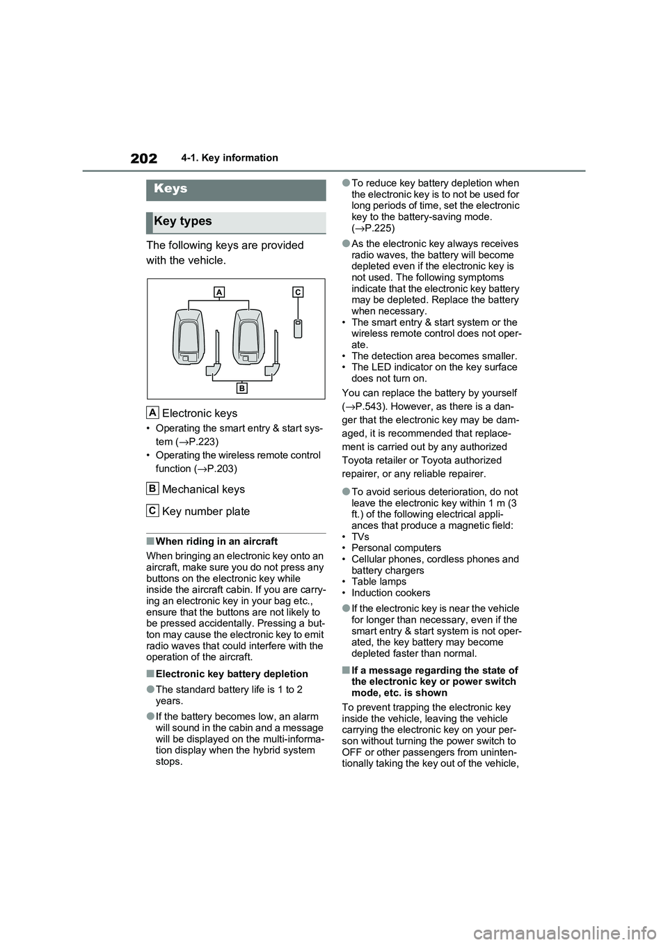 TOYOTA RAV4 PLUG-IN HYBRID 2021 Owners Manual 2024-1. Key information
4-1.Key information
The following keys are provided
with the vehicle.
Electronic keys
• Operating the smart entry & start sys -
tem ( →P.223)
• Operating the wireles TOYOTA RAV4 PLUG-IN HYBRID 2021 Owners Manual 2024-1. Key information
4-1.Key information
The following keys are provided
with the vehicle.
Electronic keys
• Operating the smart entry & start sys -
tem ( →P.223)
• Operating the wireles